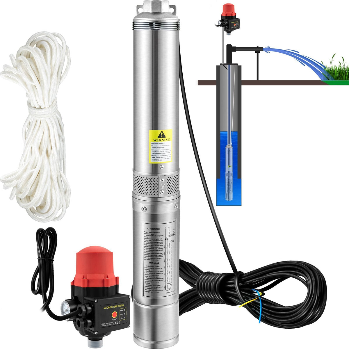 VEVOR Deep Well Submersible Pump, 750W 230V/50Hz, 105L/min 62 m Head,