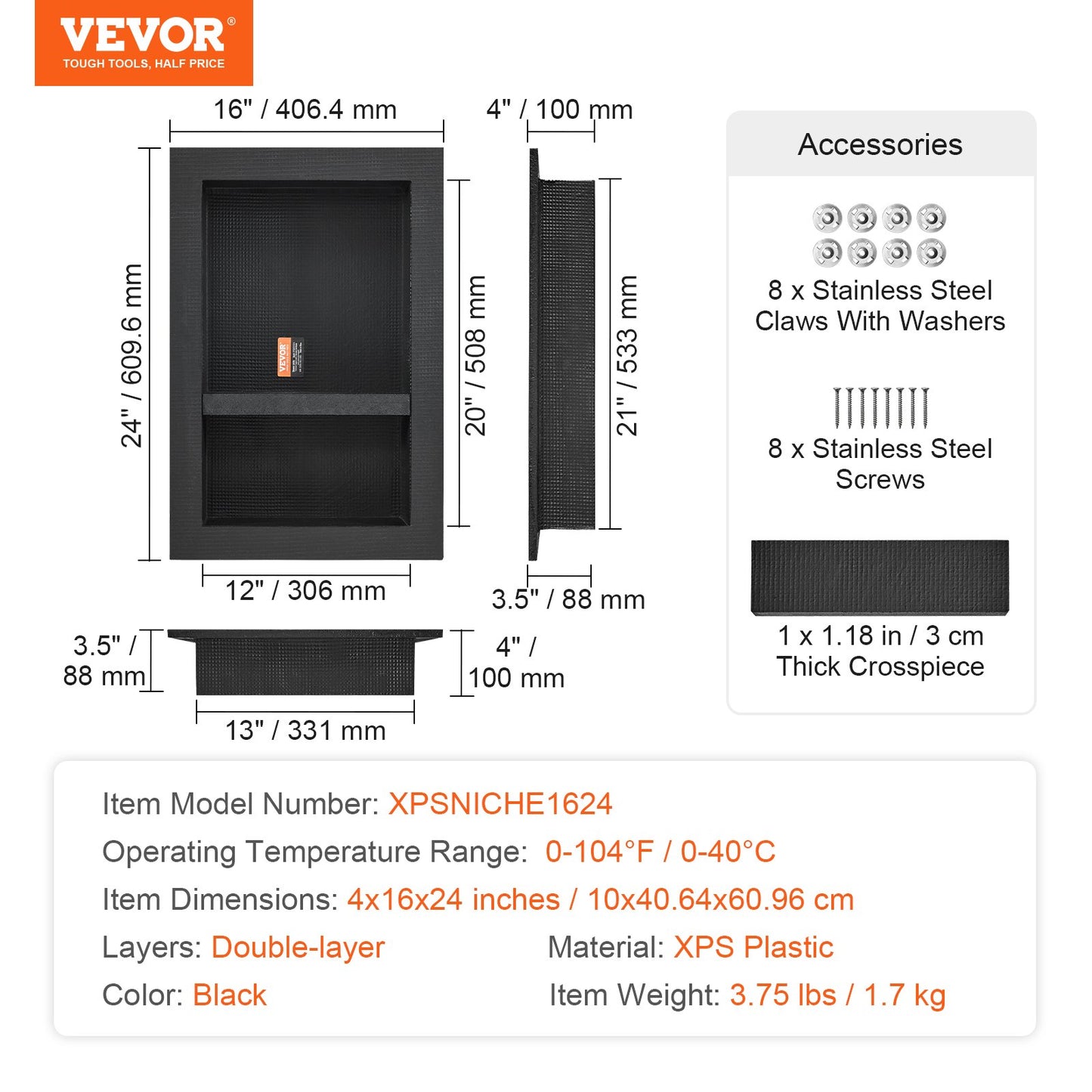 Shower Niche Ready for Tile 40.64 x 60.96 cm, Double Shelf Organizer,