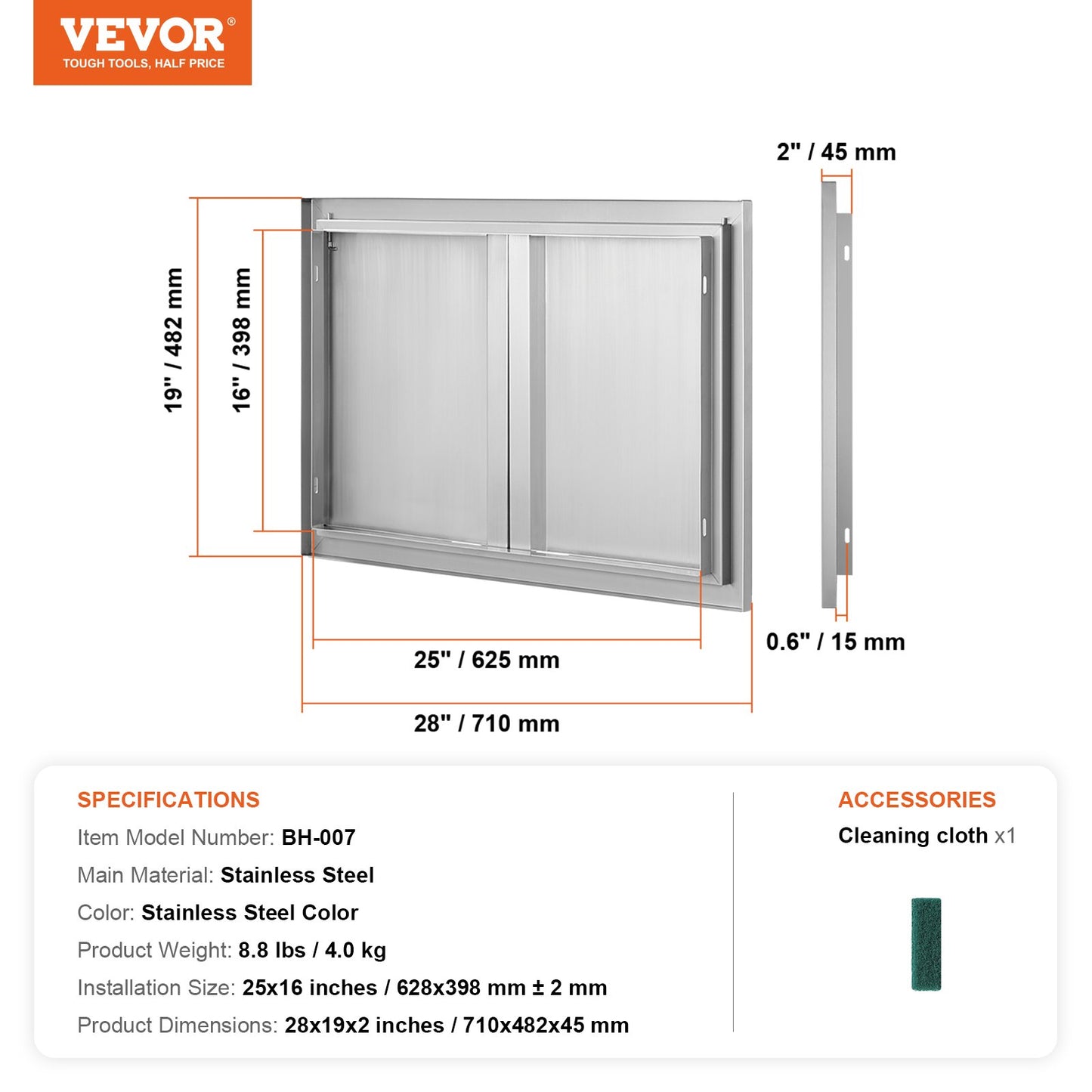 BBQ Access Door, 710x482 mm Double Outdoor Kitchen Door, Stainless