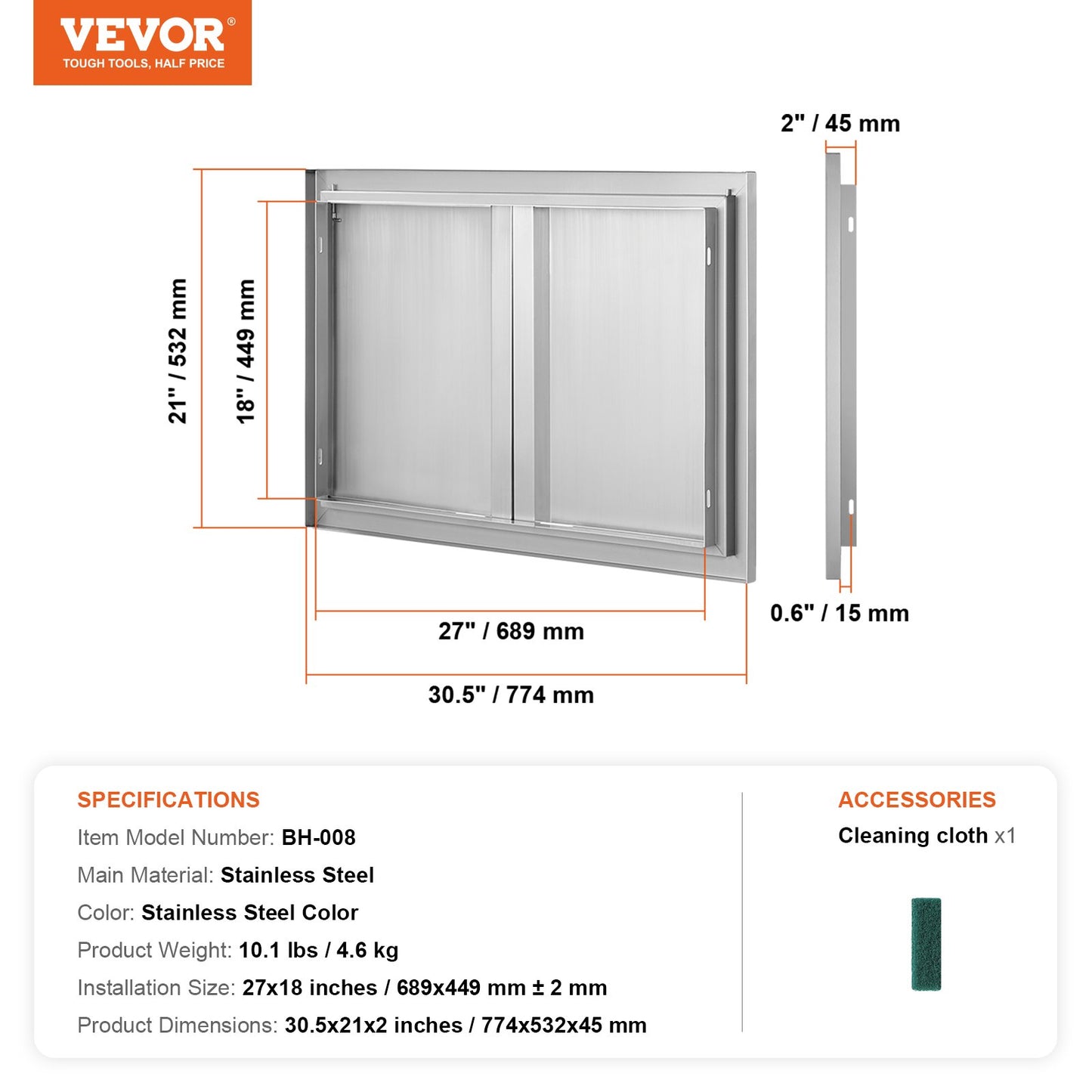 BBQ Access Door, 774x532 mm Double Outdoor Kitchen Door, Stainless