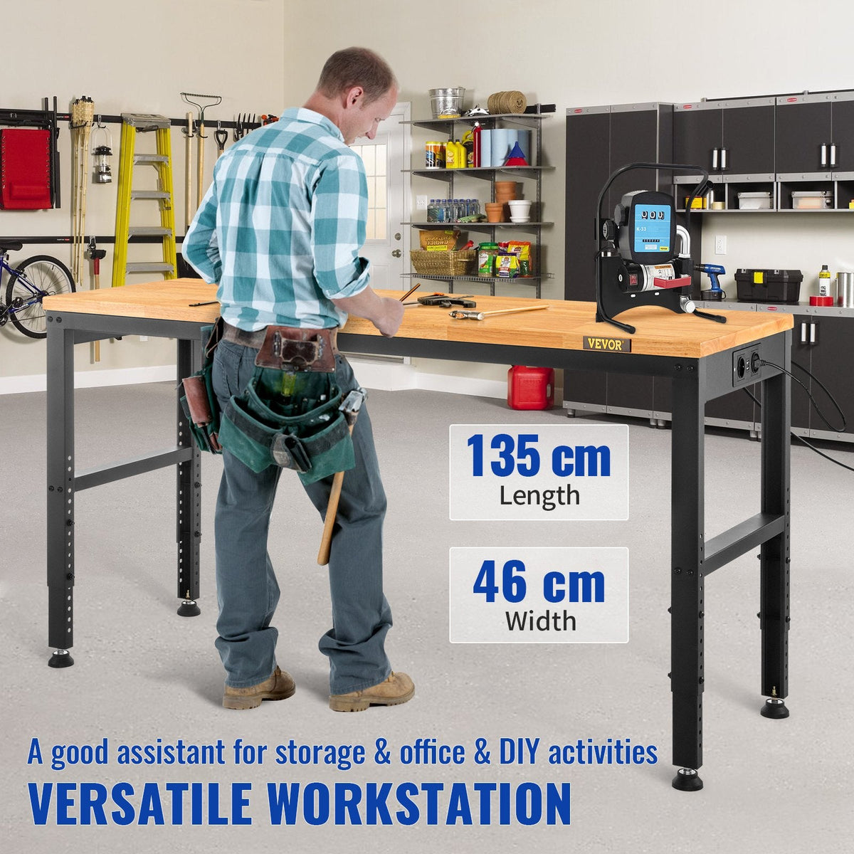 VEVOR Workbench Adjustable Height, 135cm W X 46cm D X 97cm H Garage