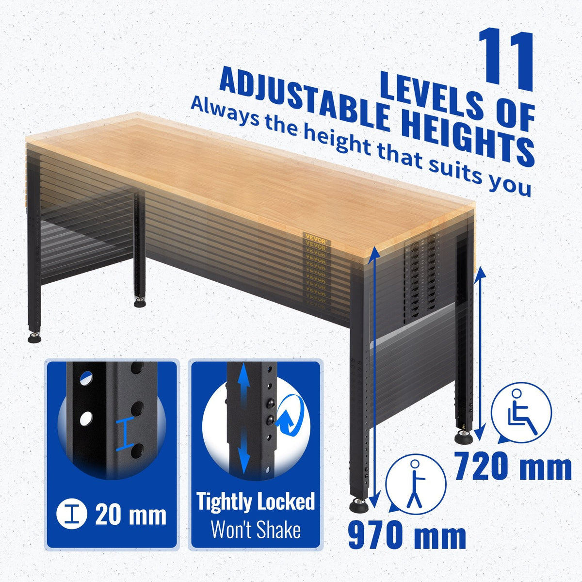 VEVOR Workbench Adjustable Height, 135cm W X 46cm D X 97cm H Garage