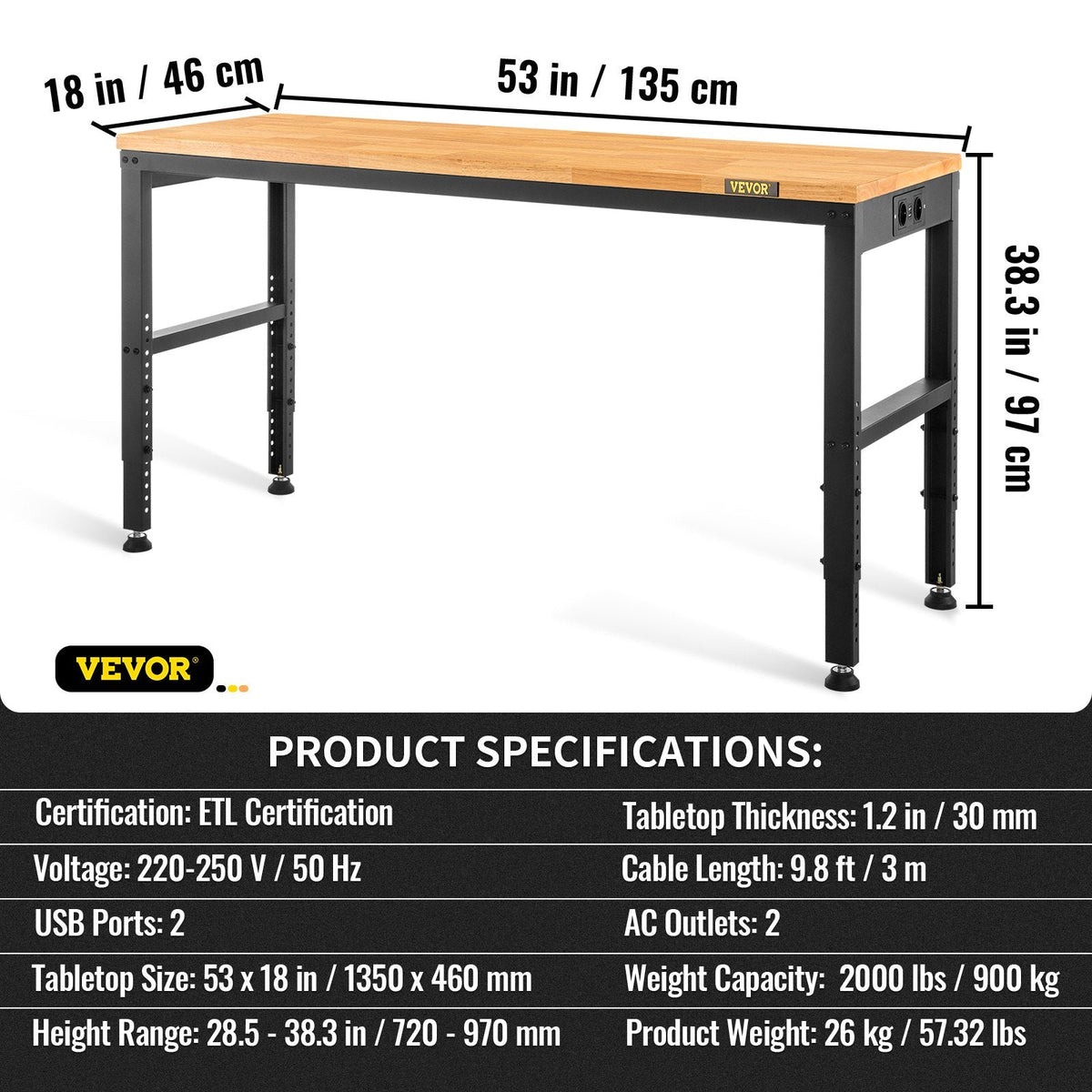 VEVOR Workbench Adjustable Height, 135cm W X 46cm D X 97cm H Garage