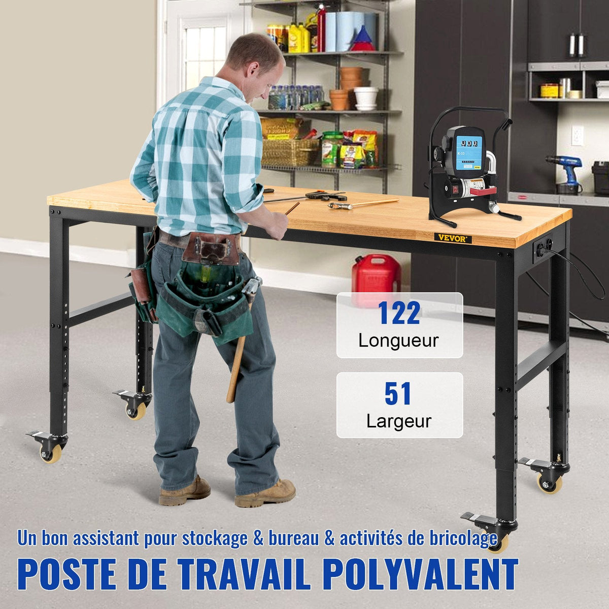 VEVOR Workbench Adjustable Height, 122cm W X 51cm D X 104cm H Garage
