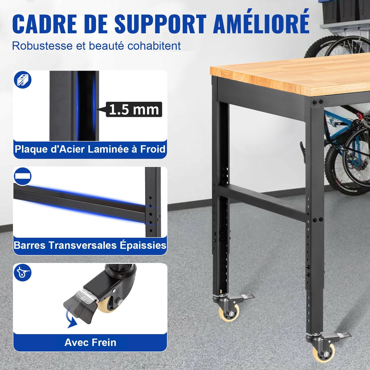 VEVOR Workbench Adjustable Height, 122cm W X 51cm D X 104cm H Garage
