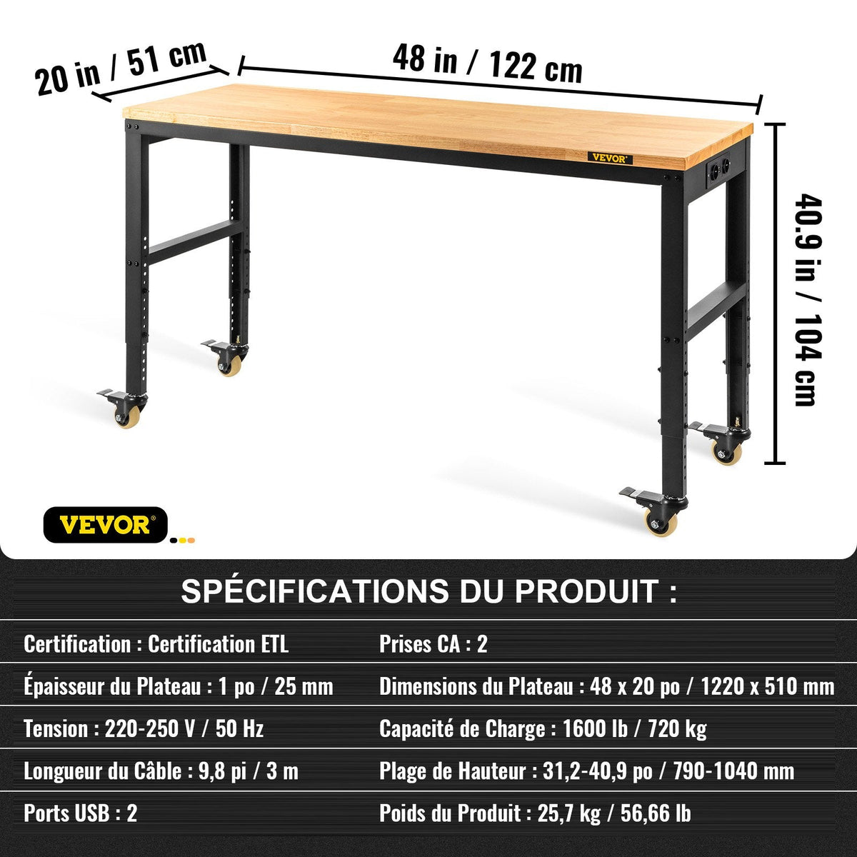 VEVOR Workbench Adjustable Height, 122cm W X 51cm D X 104cm H Garage