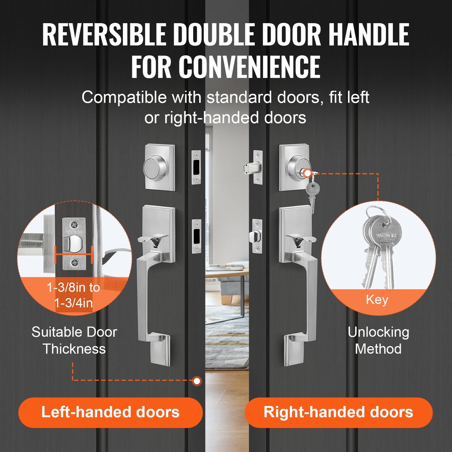 Double Door Handle Set, Double Door Lock Set with Reversible Handle