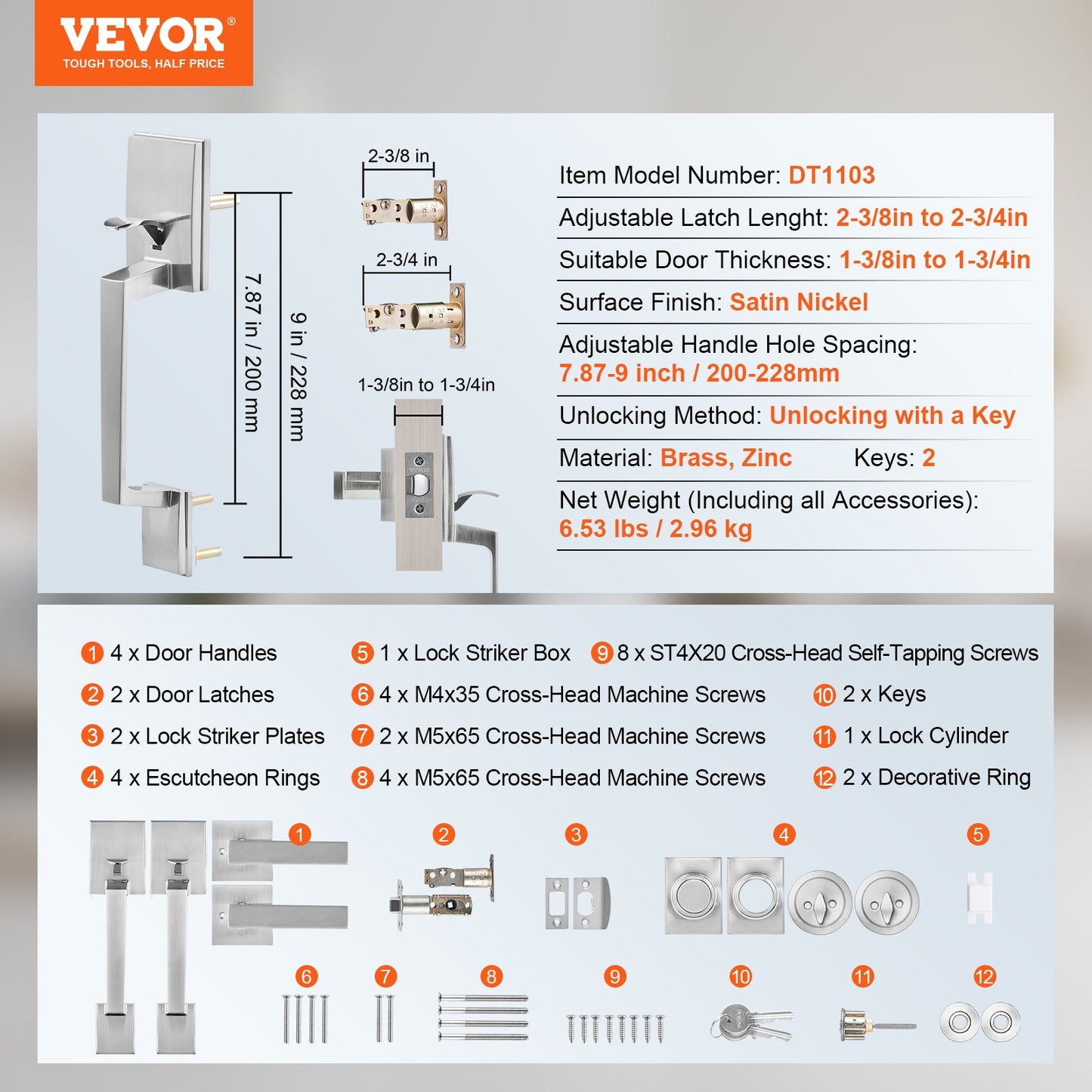 Double Door Handle Set, Double Door Lock Set with Reversible Handle