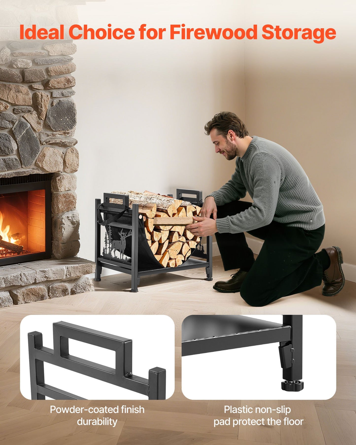 Indoor Firewood Rack, 45cm Curved Log Holder with Canvas Carrier, 18kg