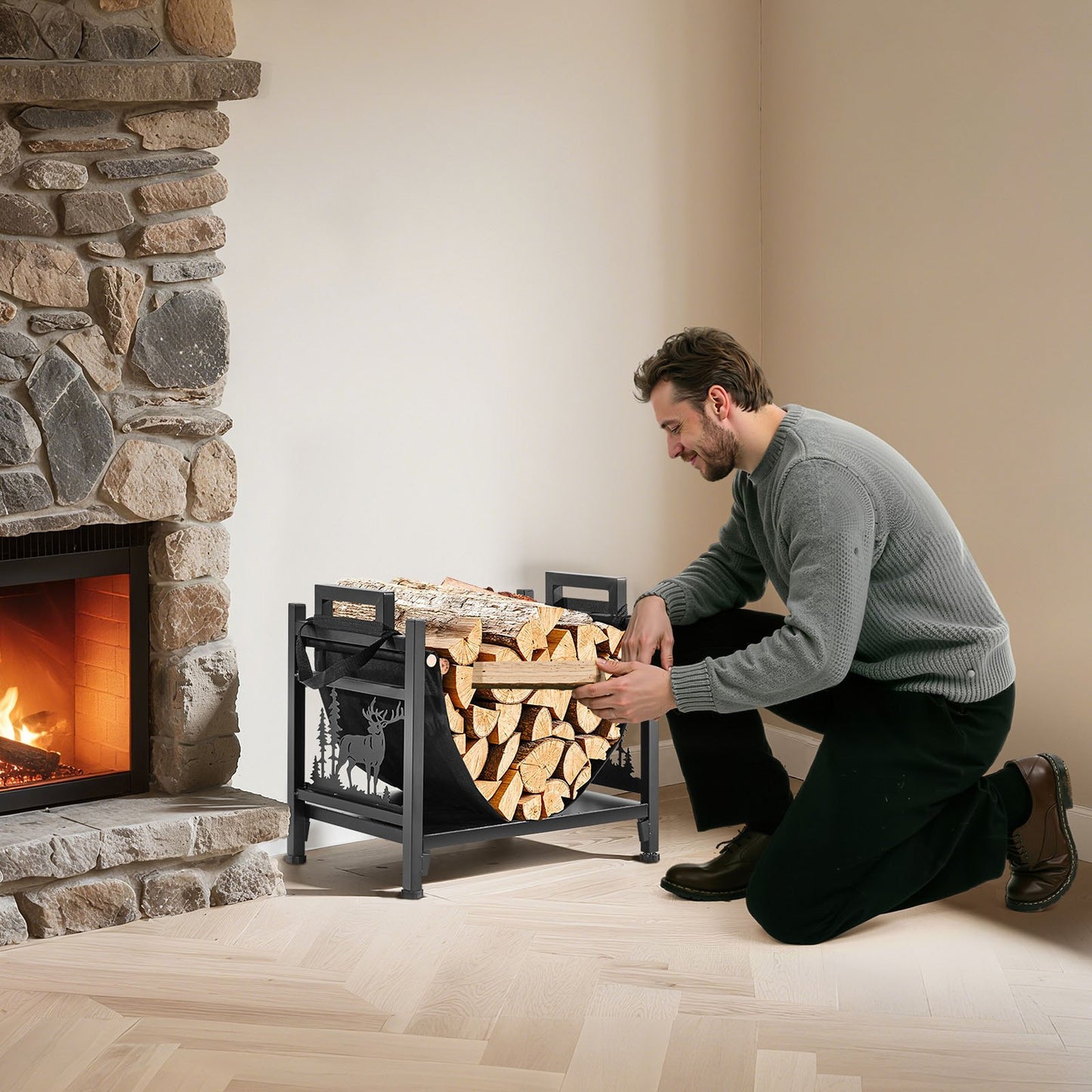 Indoor Firewood Rack, 45cm Curved Log Holder with Canvas Carrier, 18kg