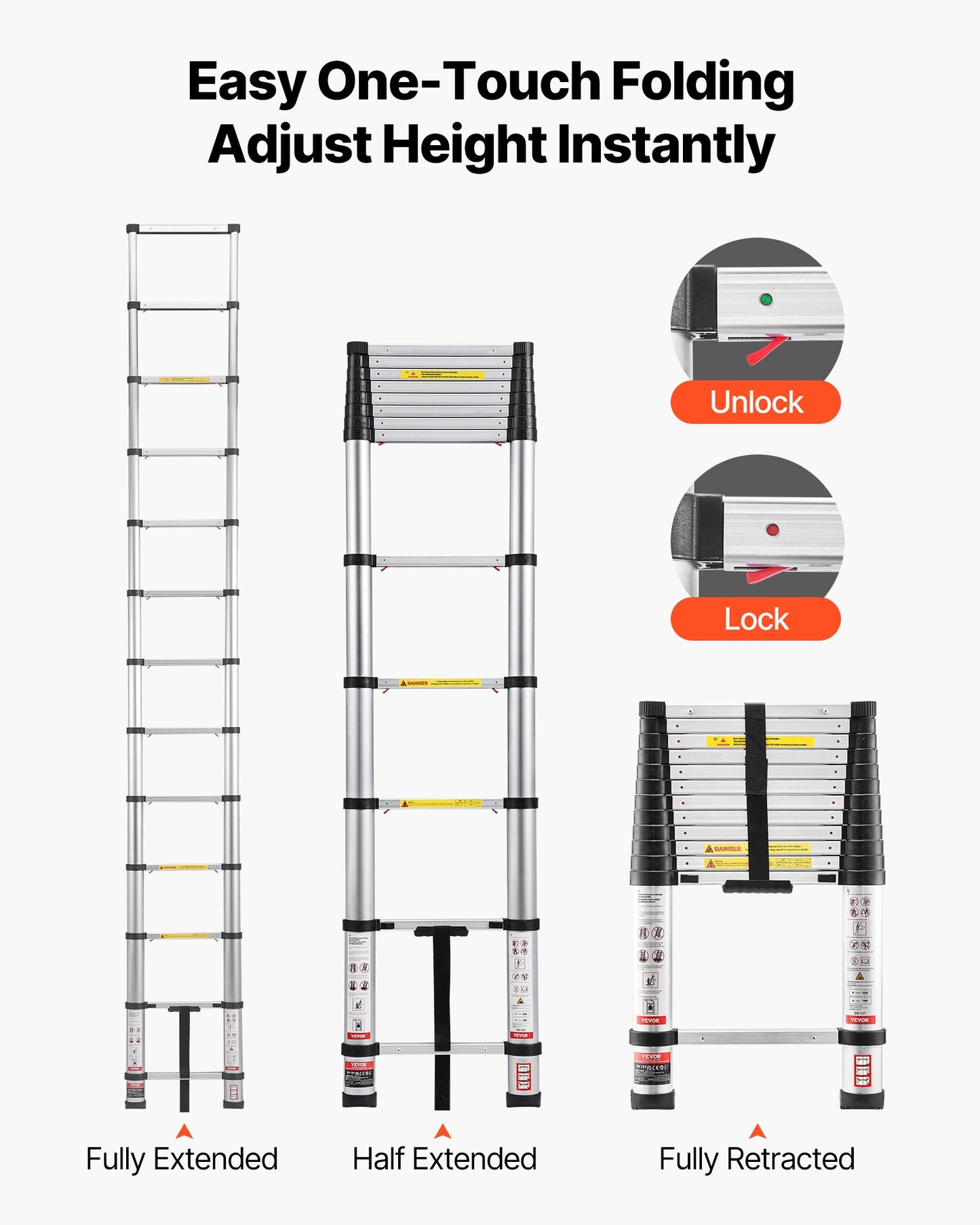 3.8m Telescoping Ladder, Aluminum Lightweight Multi-Purpose