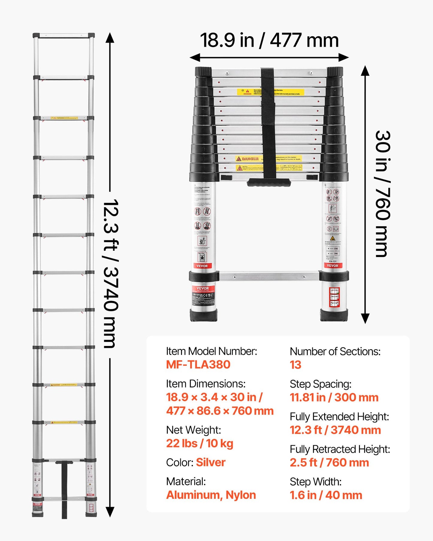 3.8m Telescoping Ladder, Aluminum Lightweight Multi-Purpose