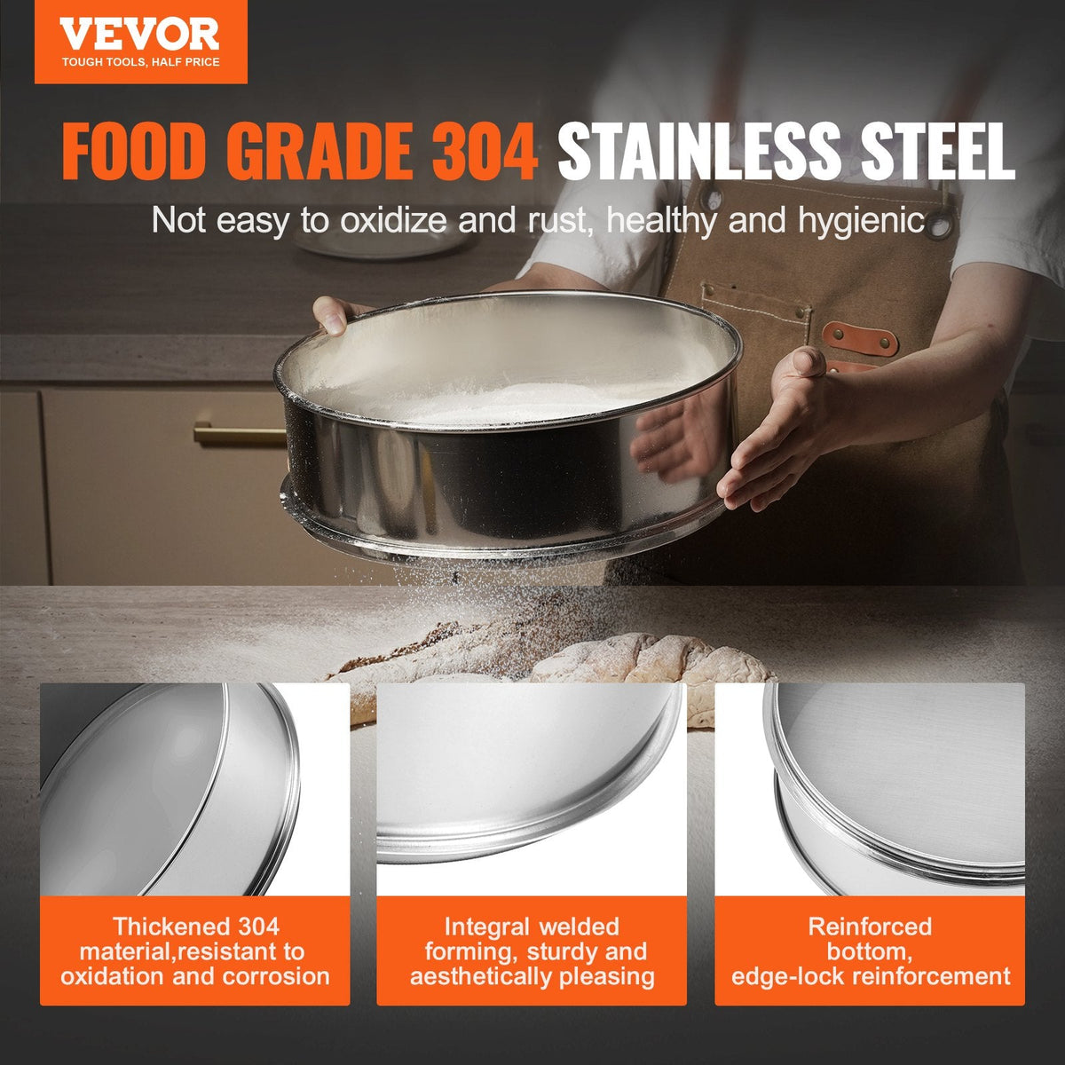 VEVOR Flour Sieve Fine Mesh, 80 Mesh Flour Sifter, 304 Stainless Steel