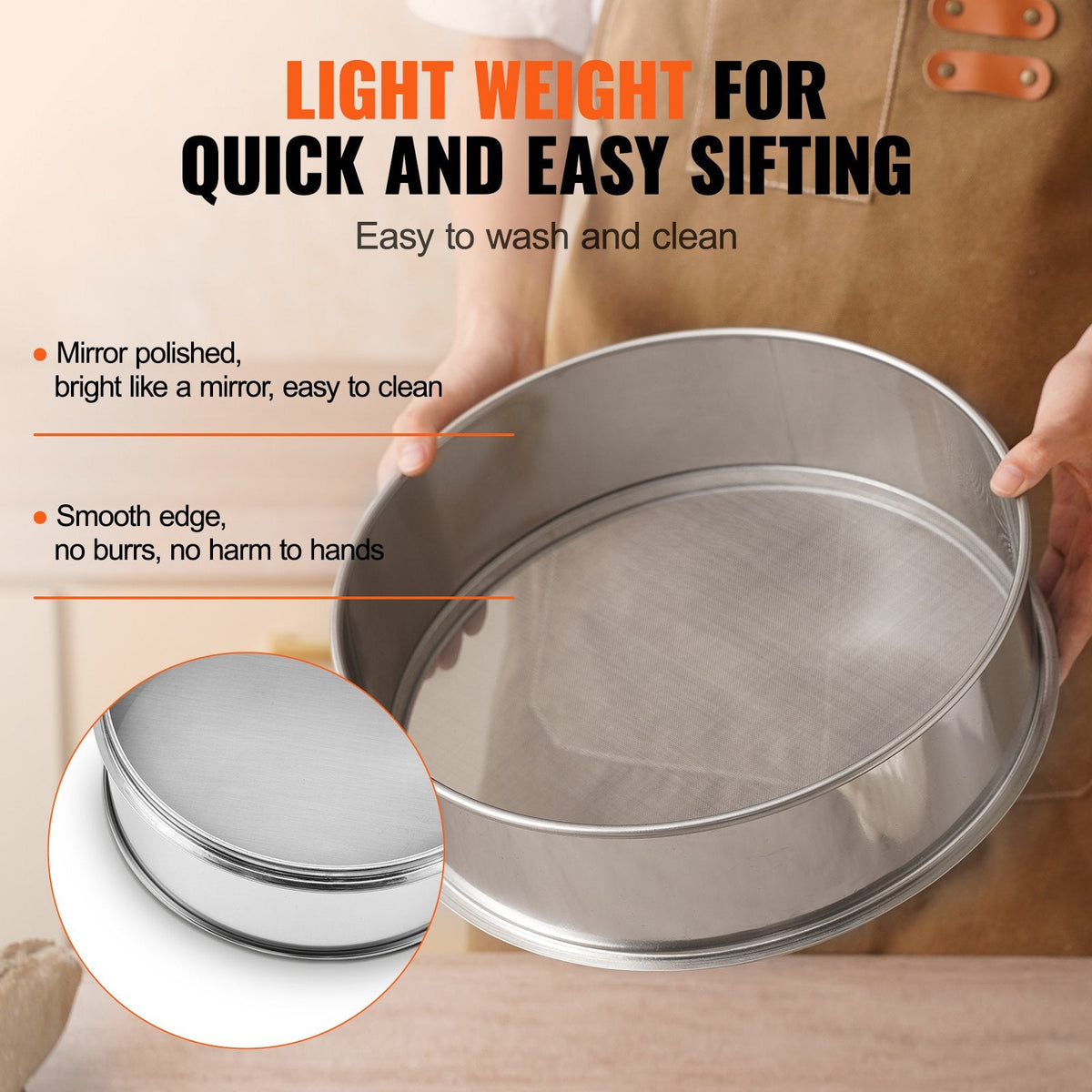 VEVOR Flour Sieve Fine Mesh, 80 Mesh Flour Sifter, 304 Stainless Steel