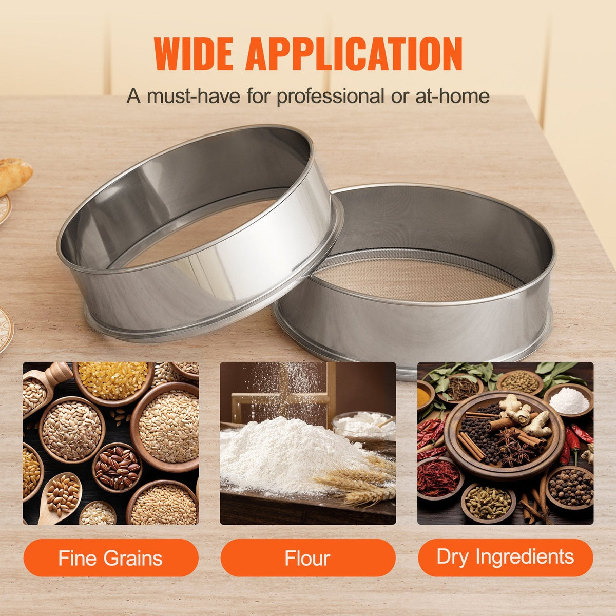 VEVOR Flour Sieve Fine Mesh, 80 Mesh Flour Sifter, 304 Stainless Steel