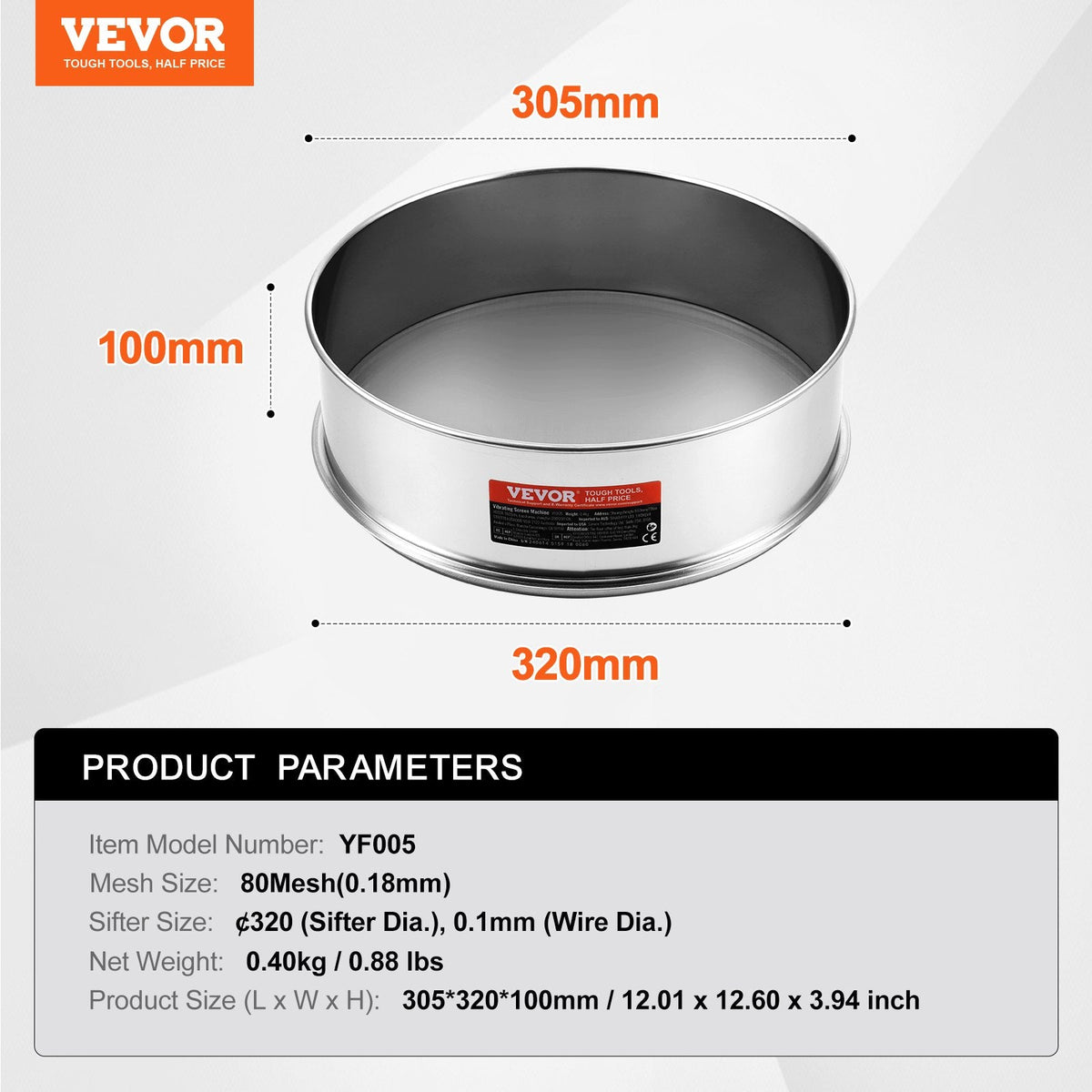 VEVOR Flour Sieve Fine Mesh, 80 Mesh Flour Sifter, 304 Stainless Steel