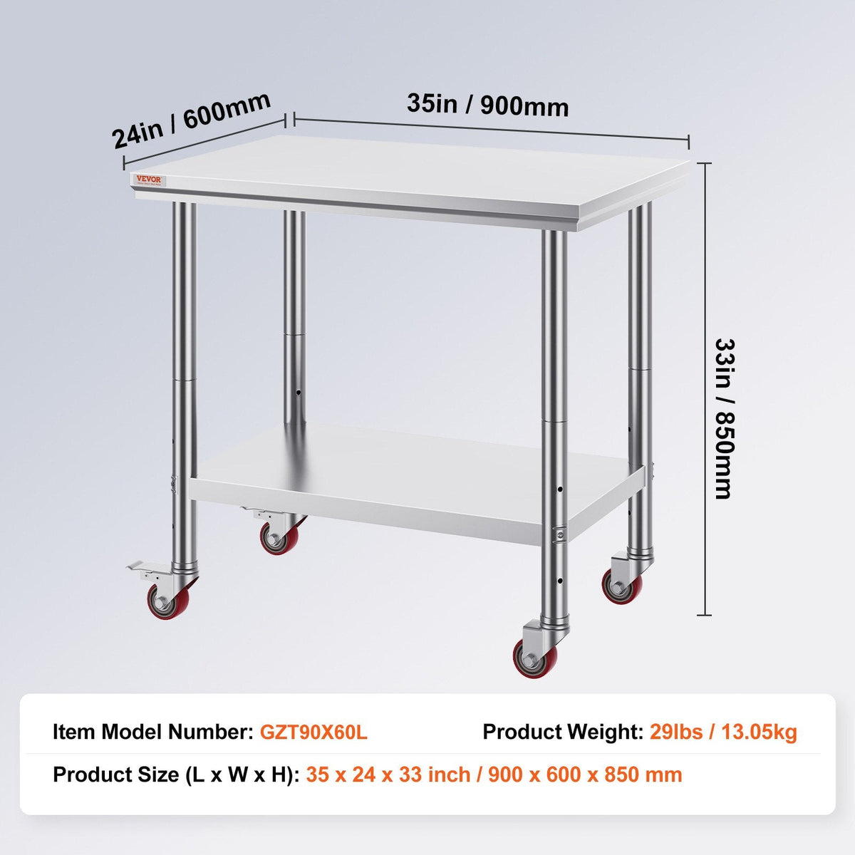 VEVOR Stainless Steel Work Table 35 x 24 x 33 Inch, 300 LBS Load