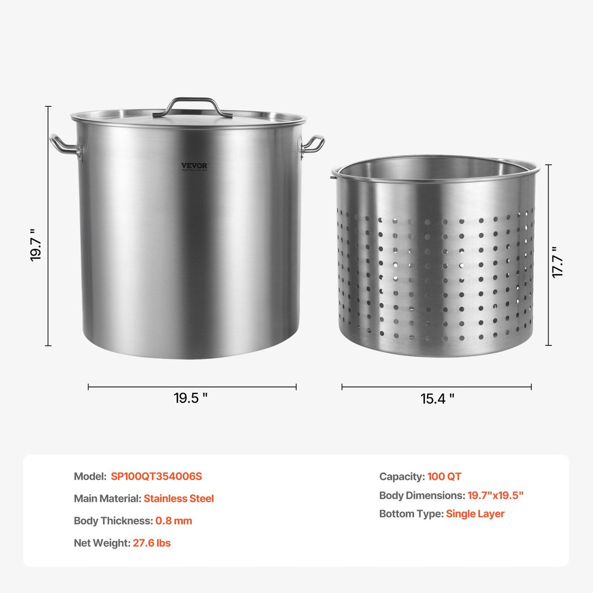 VEVOR Stainless Steel Stockpot, 100 Quart Large Cooking Pots, Cookware