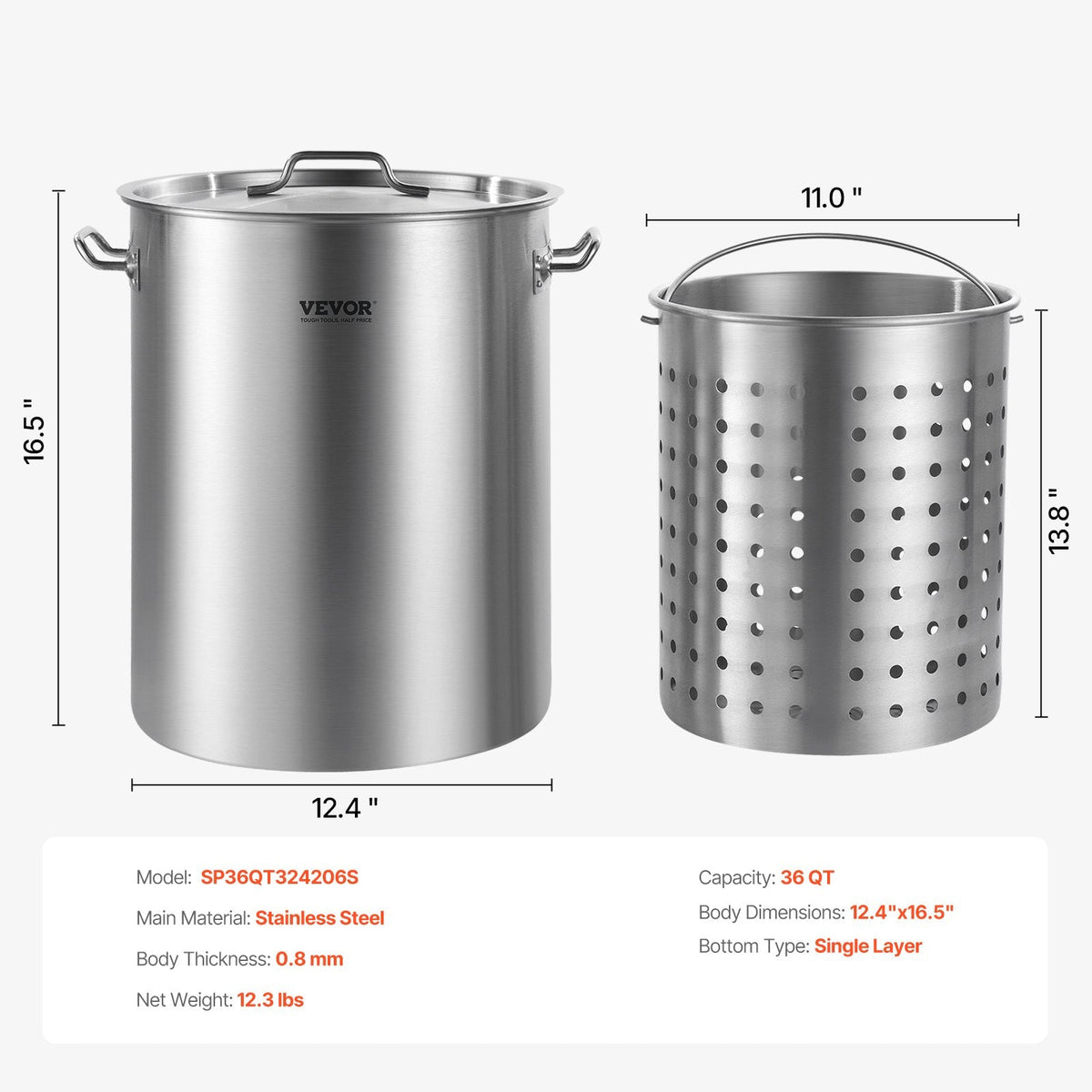 VEVOR Stainless Steel Stockpot, 36 Quart Cooking Pots, Cookware Sauce