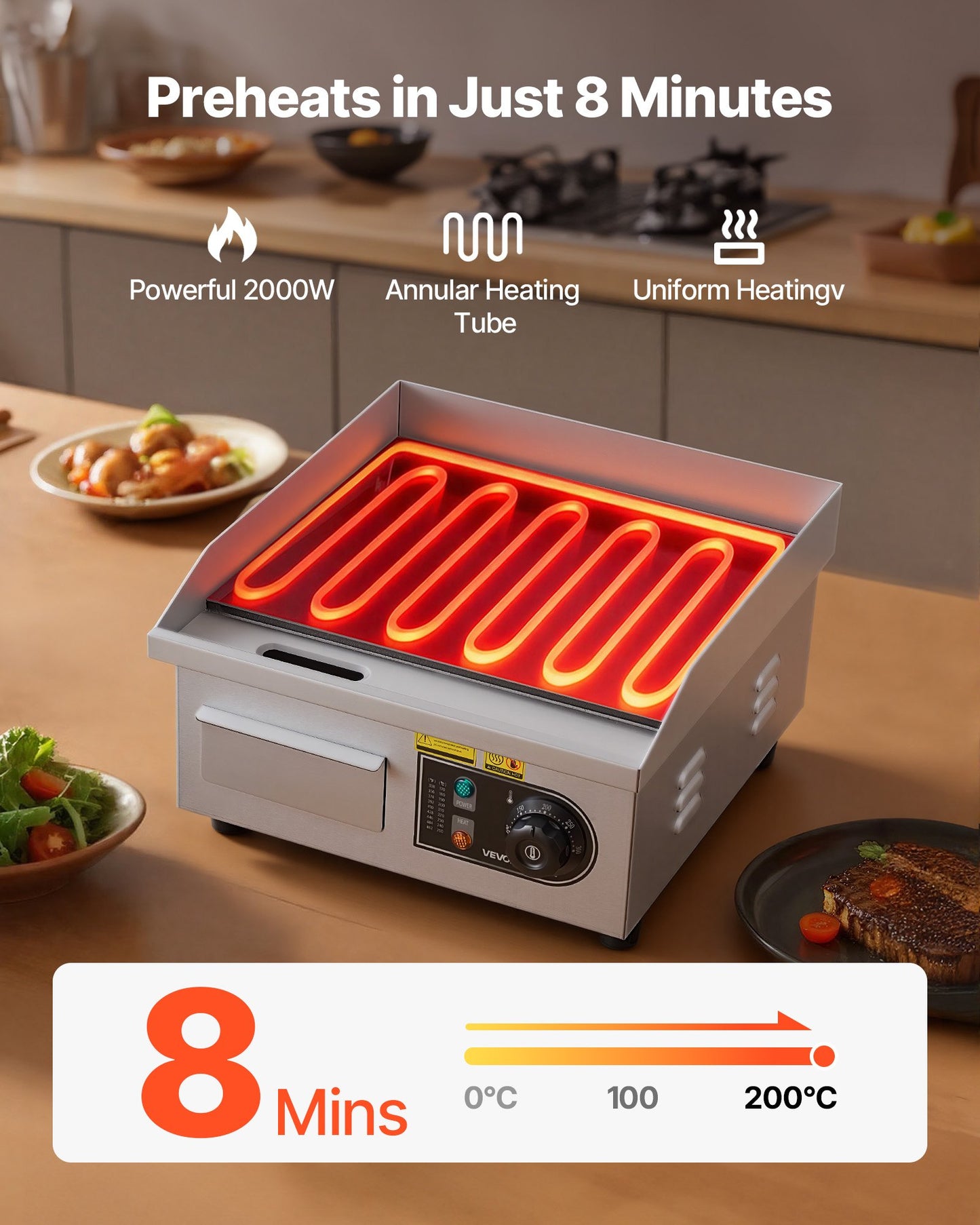 Commercial Electric Griddle, 355 x 300 mm, 2000W, 50-300°C Adjustable