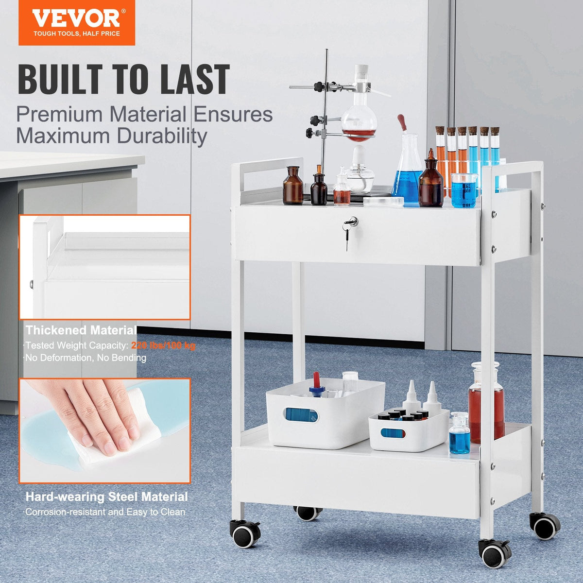 VEVOR Lab Cart, 2 Tiers Stainless Steel Utility Cart, Medical Cart