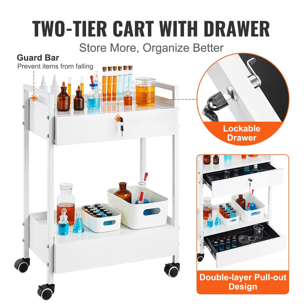 VEVOR Lab Cart, 2 Tiers Stainless Steel Utility Cart, Medical Cart