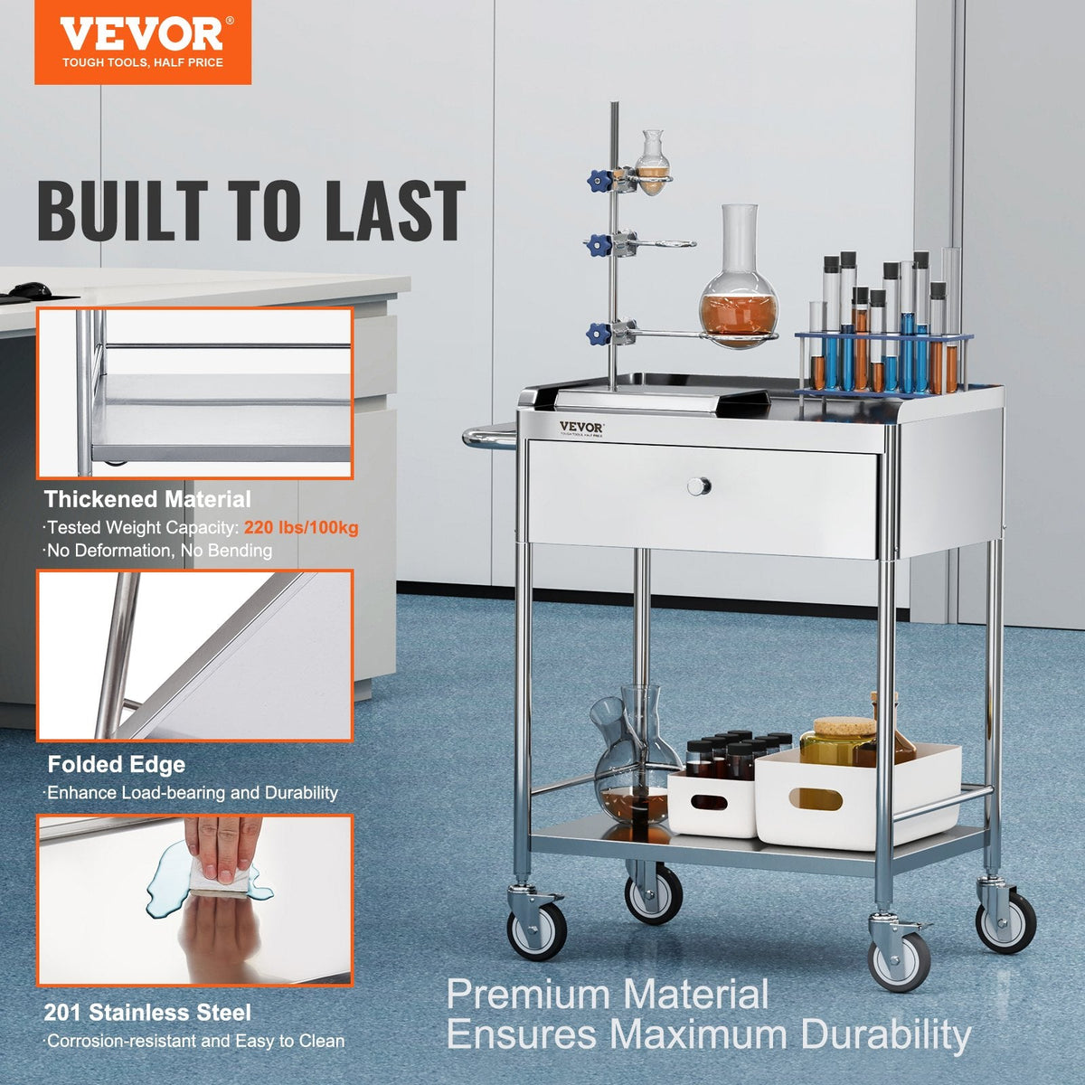 VEVOR Medical Cart, 2 Layers Stainless Steel Cart 99.8 kg Weight