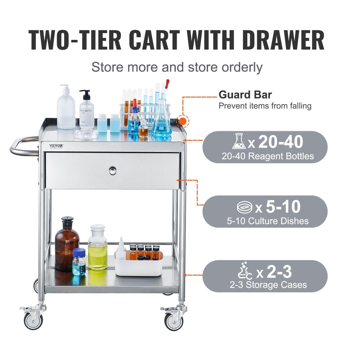 VEVOR Medical Cart, 2 Layers Stainless Steel Cart 99.8 kg Weight