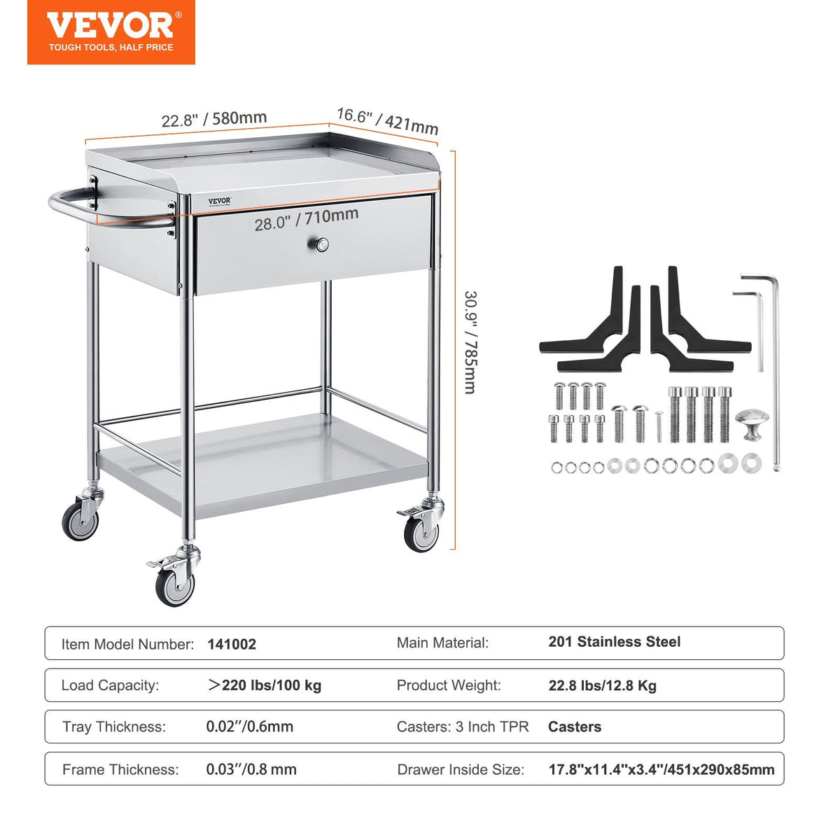 VEVOR Medical Cart, 2 Layers Stainless Steel Cart 99.8 kg Weight