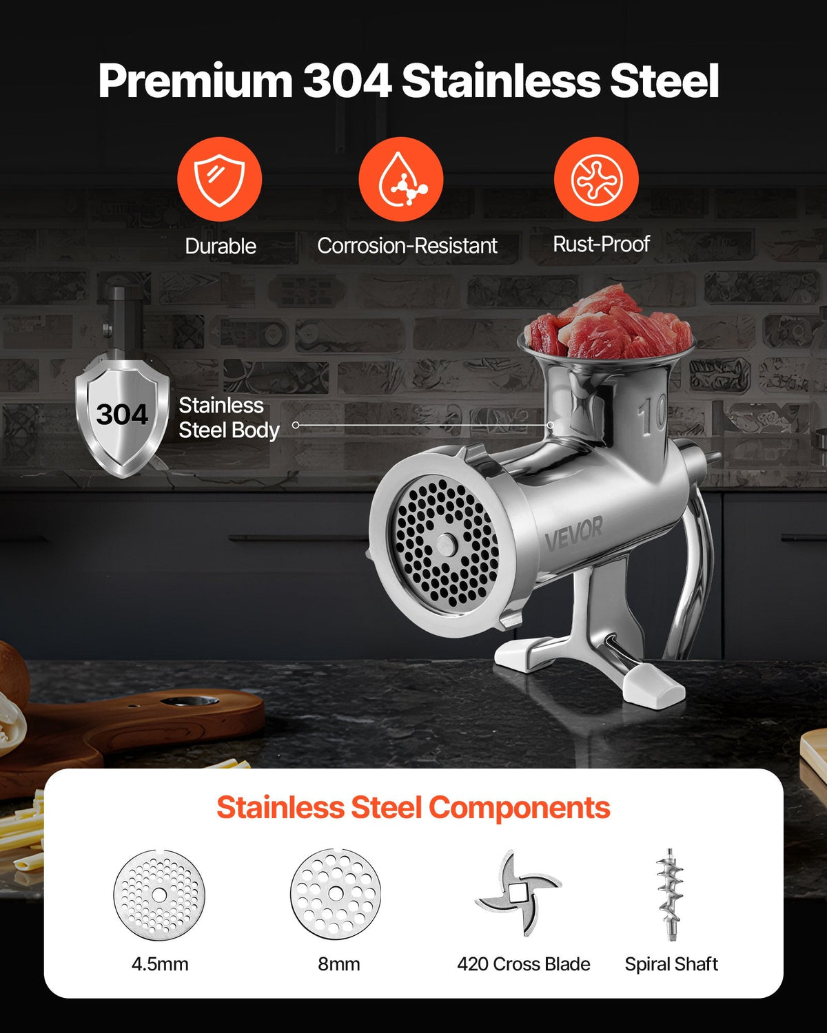 VEVOR Manual Meat Grinder, 304 Stainless Steel Hand Meat Grinder with