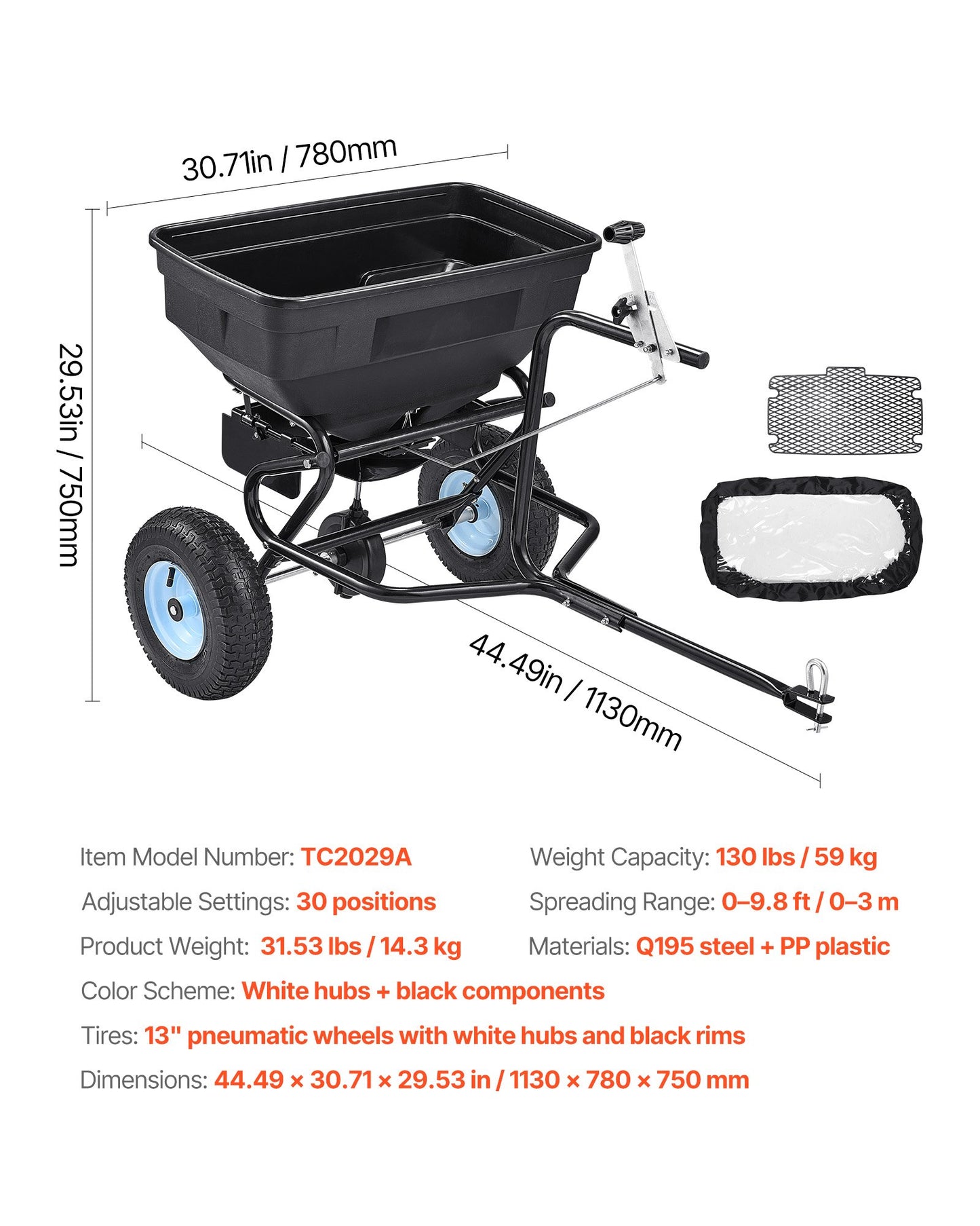 Tow Behind Broadcast Spreader, 130LBS Capacity, Tow/Push Garden