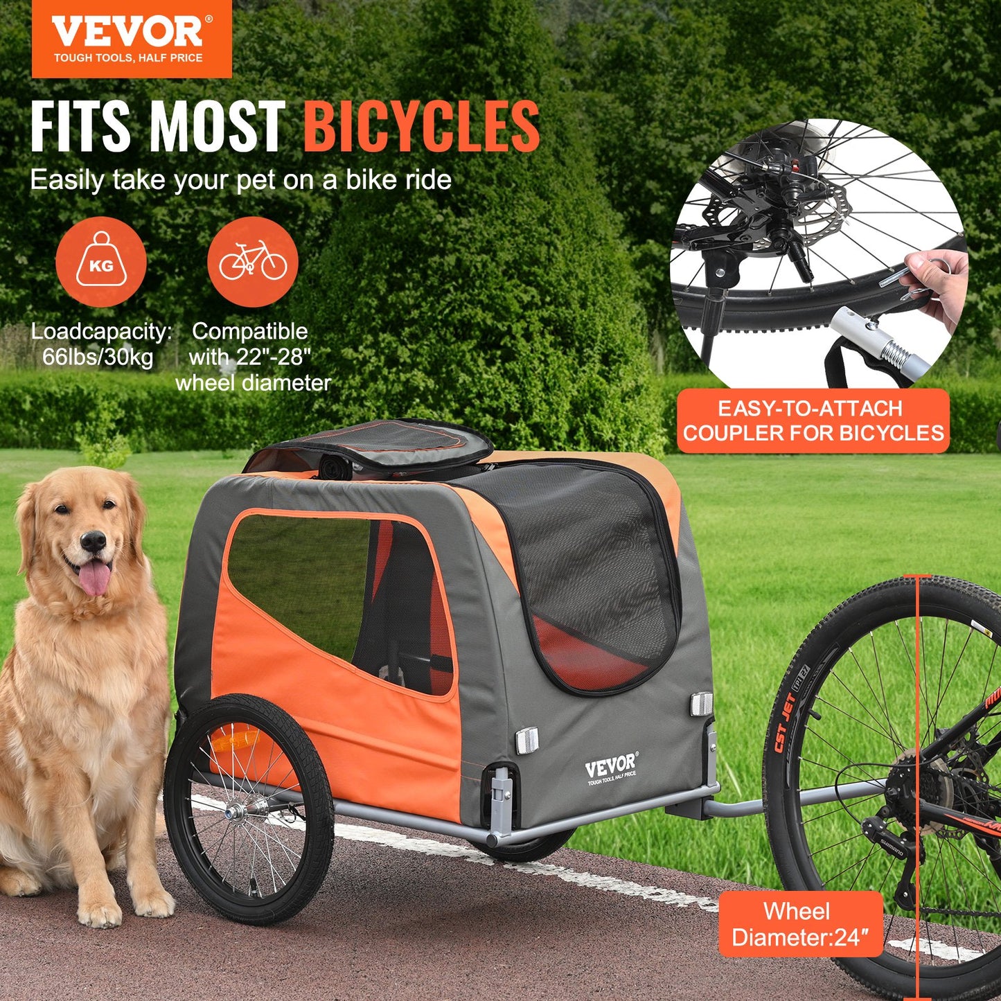 Dog Bike Trailer, Supports up to 66 lbs, Pet Cart Bicycle Carrier,