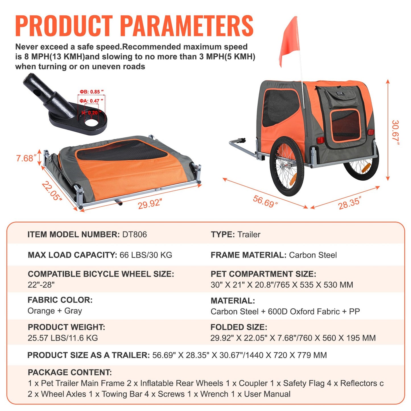 Dog Bike Trailer, Supports up to 66 lbs, Pet Cart Bicycle Carrier,