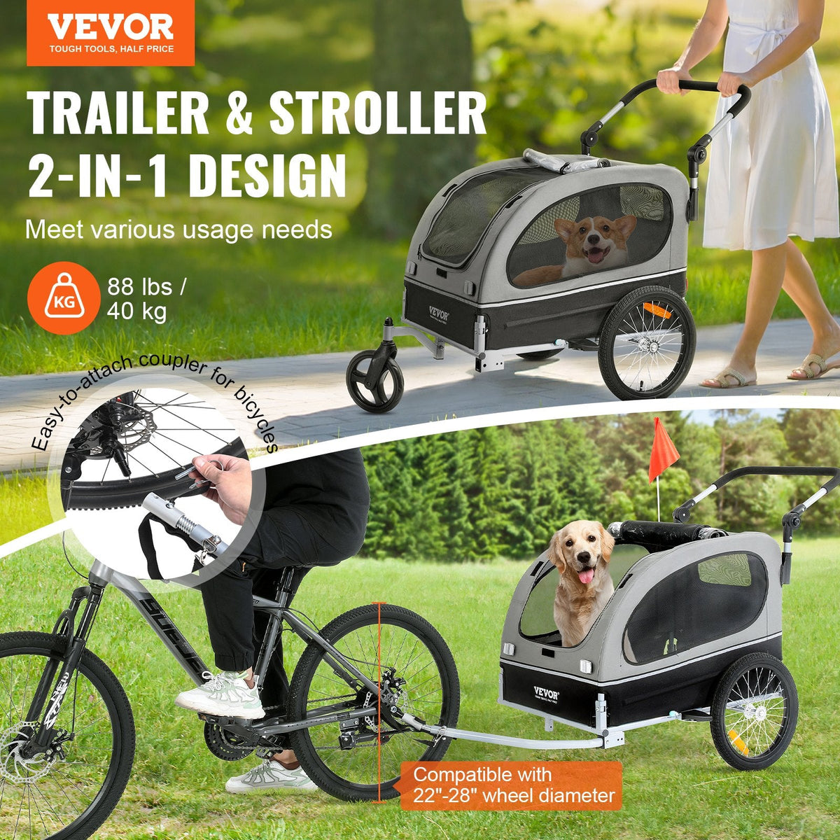 VEVOR Dog Bike Trailer, Supports up to 88 lbs, 2-in-1 Pet Stroller