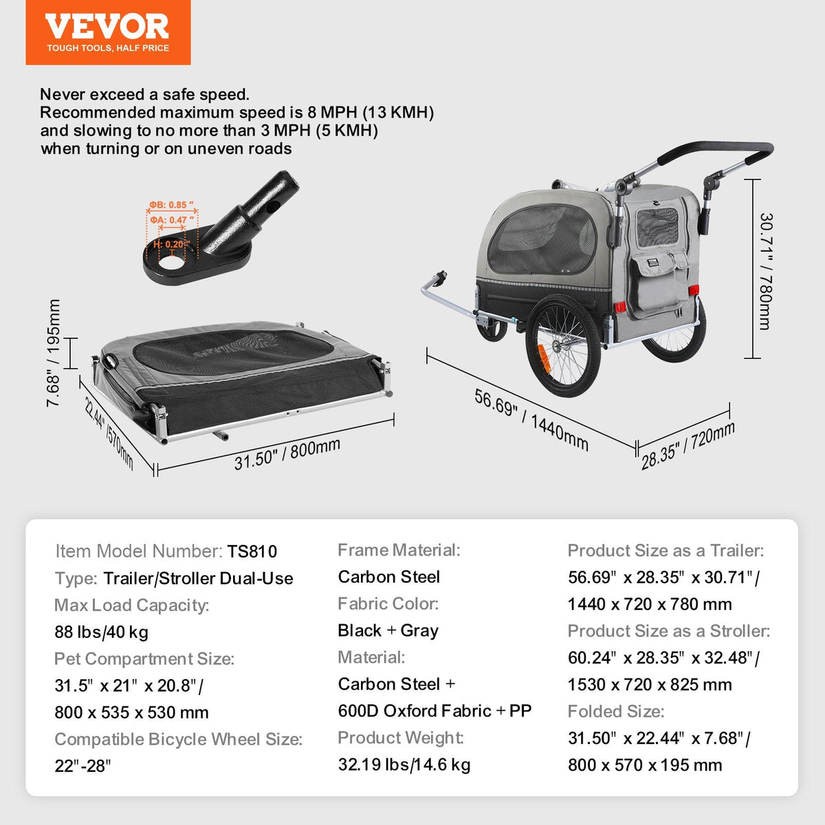 VEVOR Dog Bike Trailer, Supports up to 88 lbs, 2-in-1 Pet Stroller