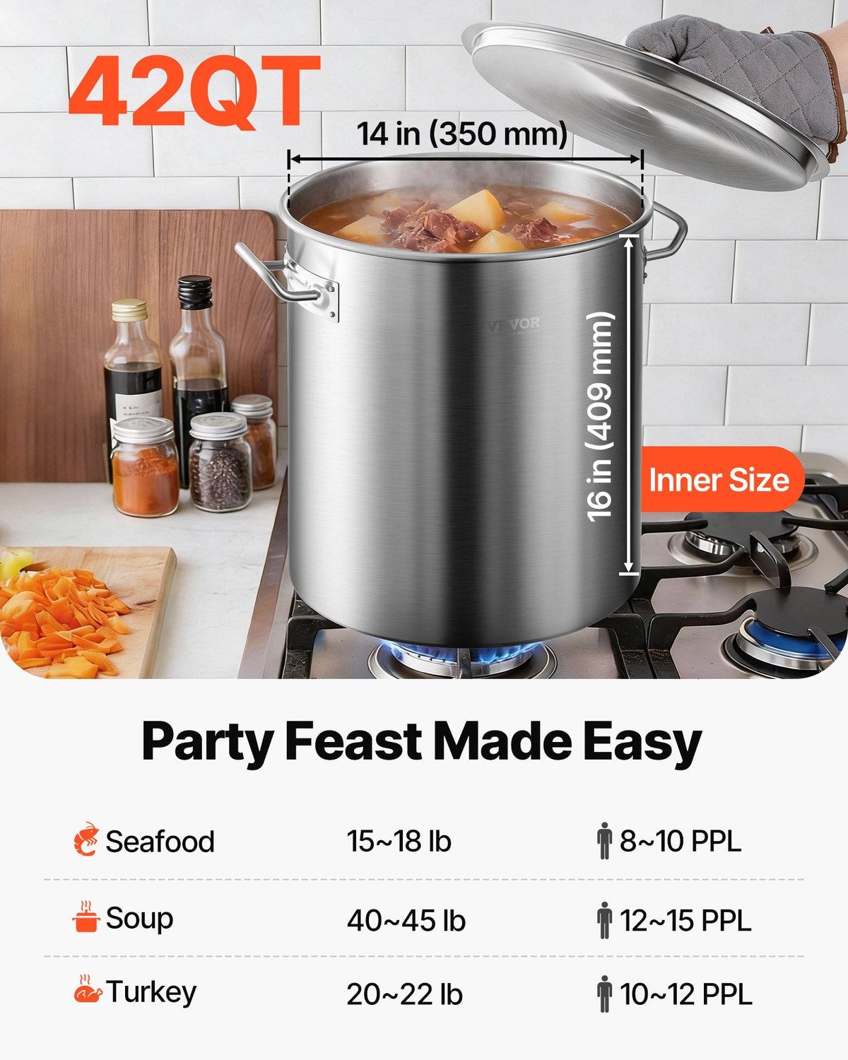 VEVOR Stainless Steel Stockpot, 42 Quart Large Cooking Pots, Cookware