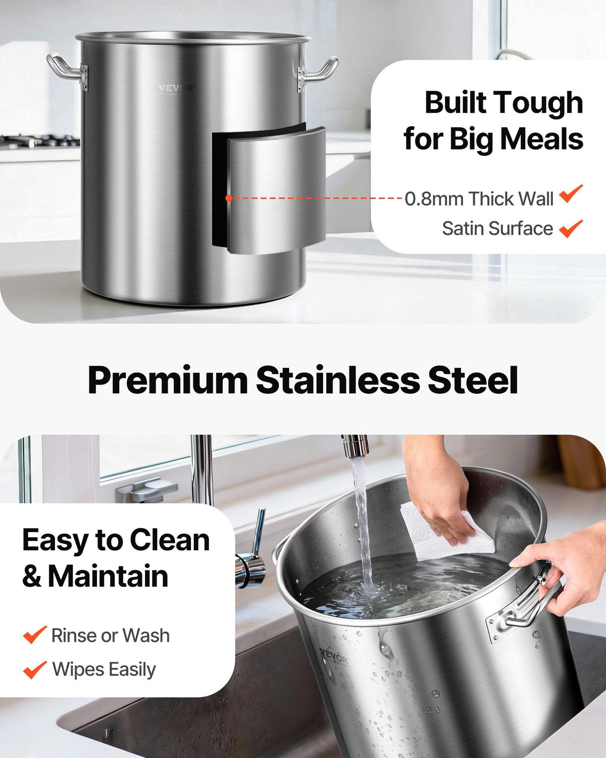 VEVOR Stainless Steel Stockpot, 42 Quart Large Cooking Pots, Cookware