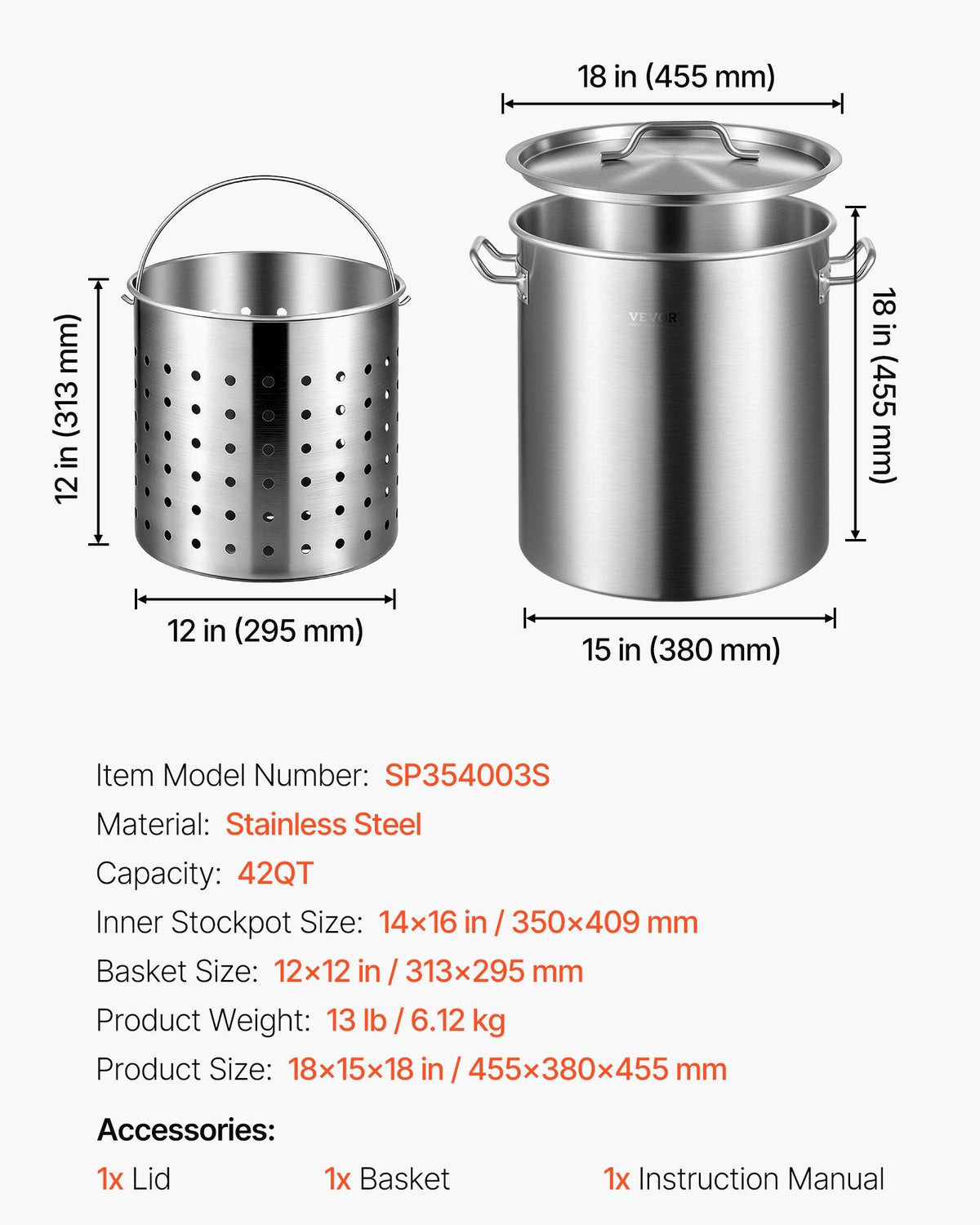 VEVOR Stainless Steel Stockpot, 42 Quart Large Cooking Pots, Cookware