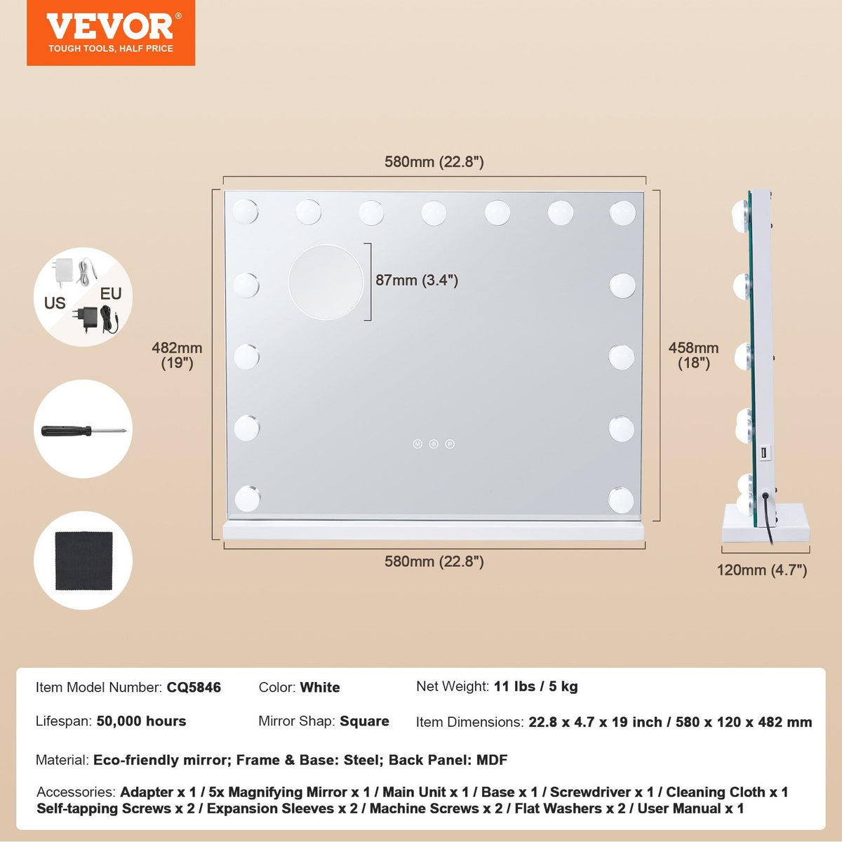 VEVOR Hollywood Vanity Mirror With Lights w/ USB Desktop Wall-mount