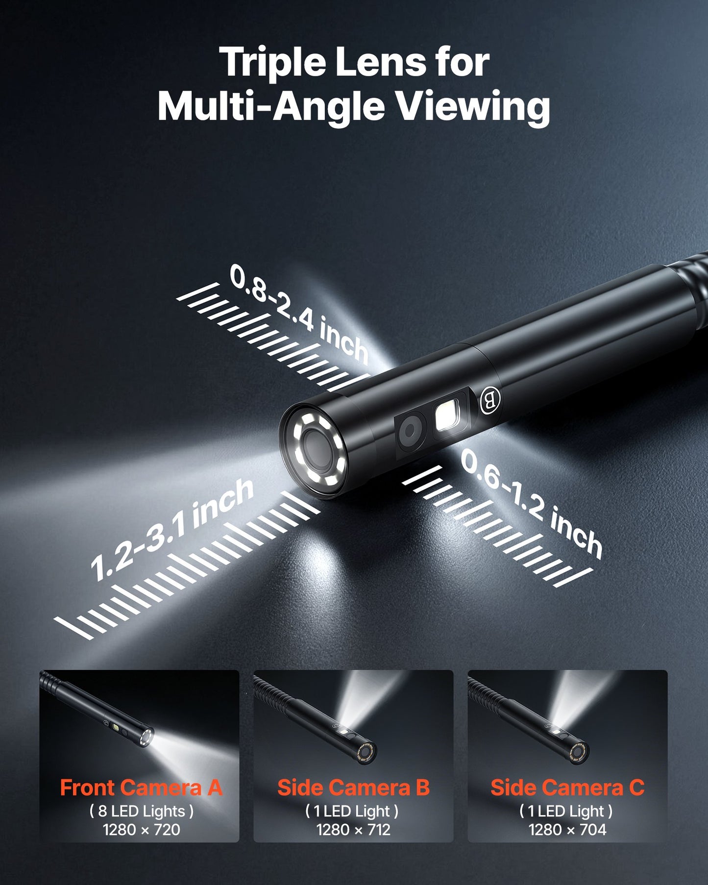 Triple Lens Endoscope with Light, 5in HD IPS Screen Industrial
