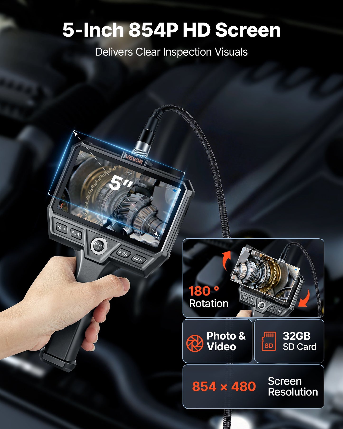 Triple Lens Endoscope with Light, 5in HD IPS Screen Industrial