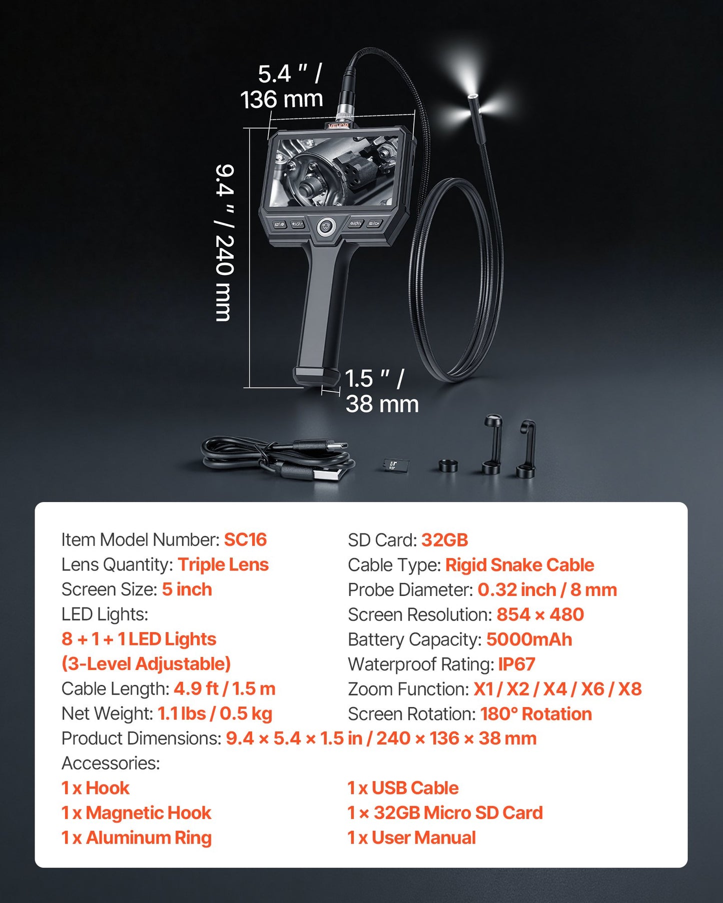 Triple Lens Endoscope with Light, 5in HD IPS Screen Industrial