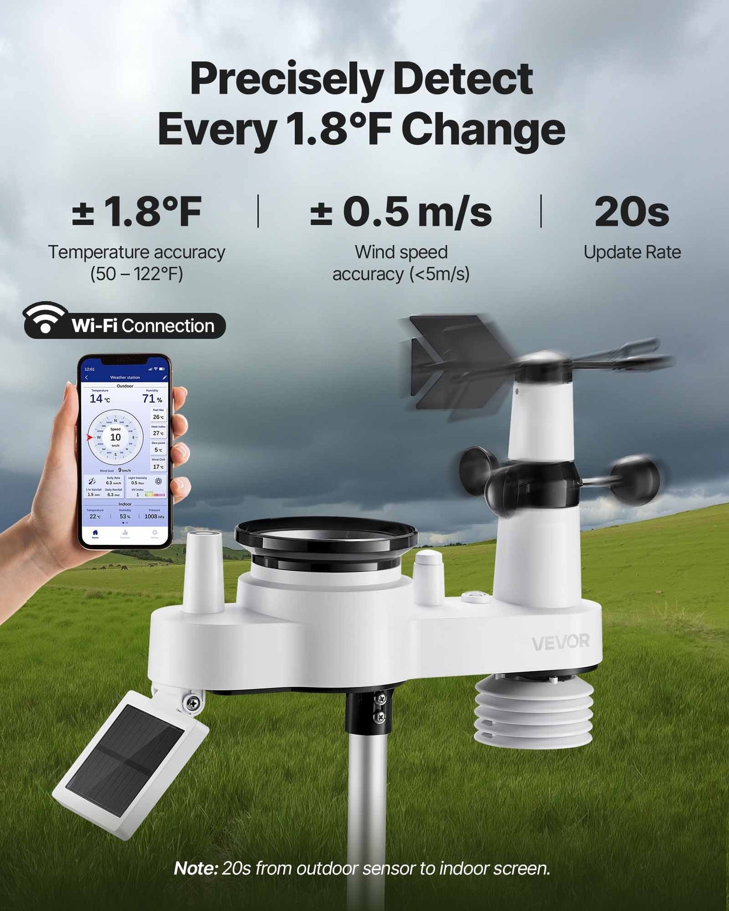 7-in-1 Wi-Fi Weather Station with APP, 190.5 mm VA Display, Wireless