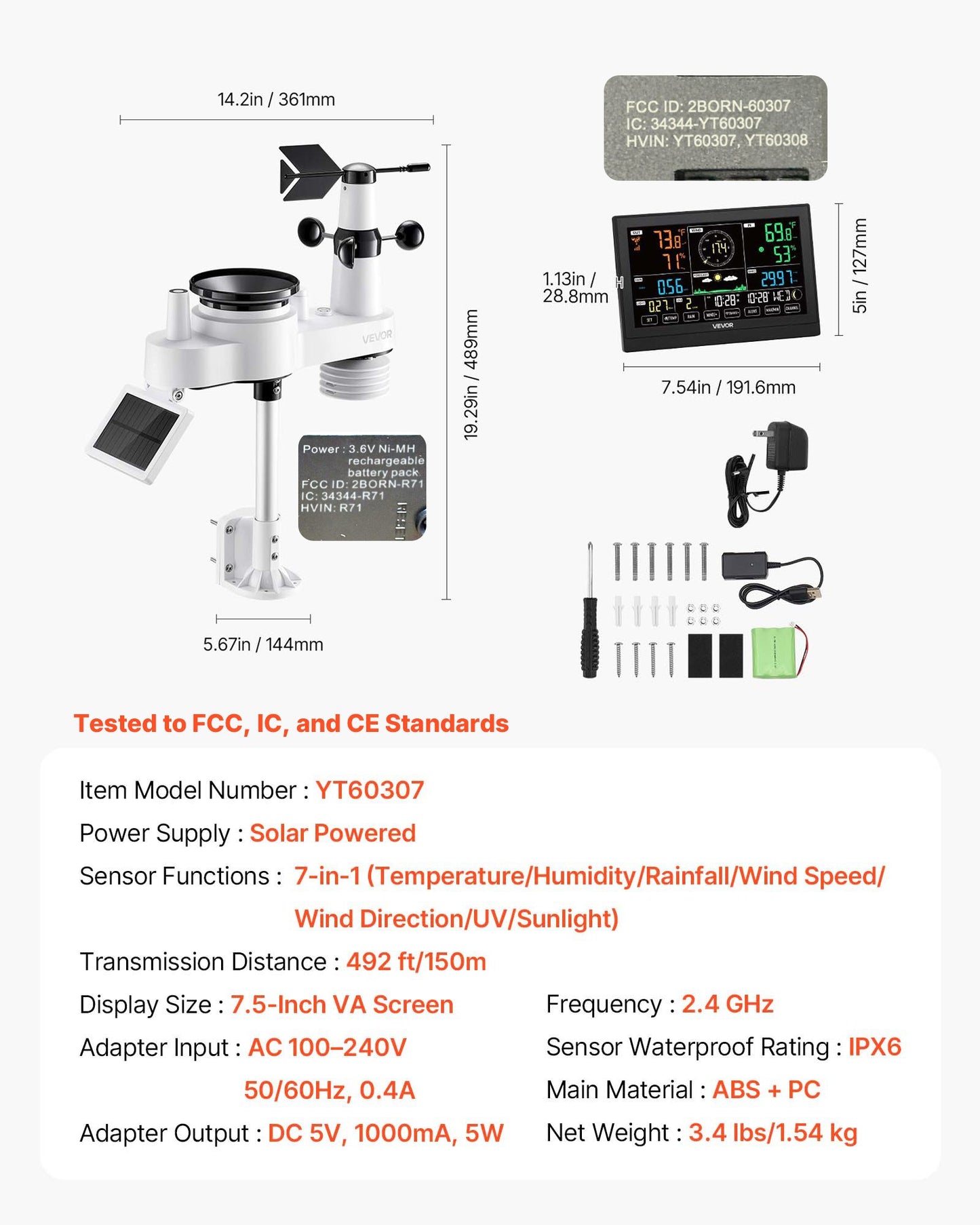 7-in-1 Wi-Fi Weather Station with APP, 190.5 mm VA Display, Wireless