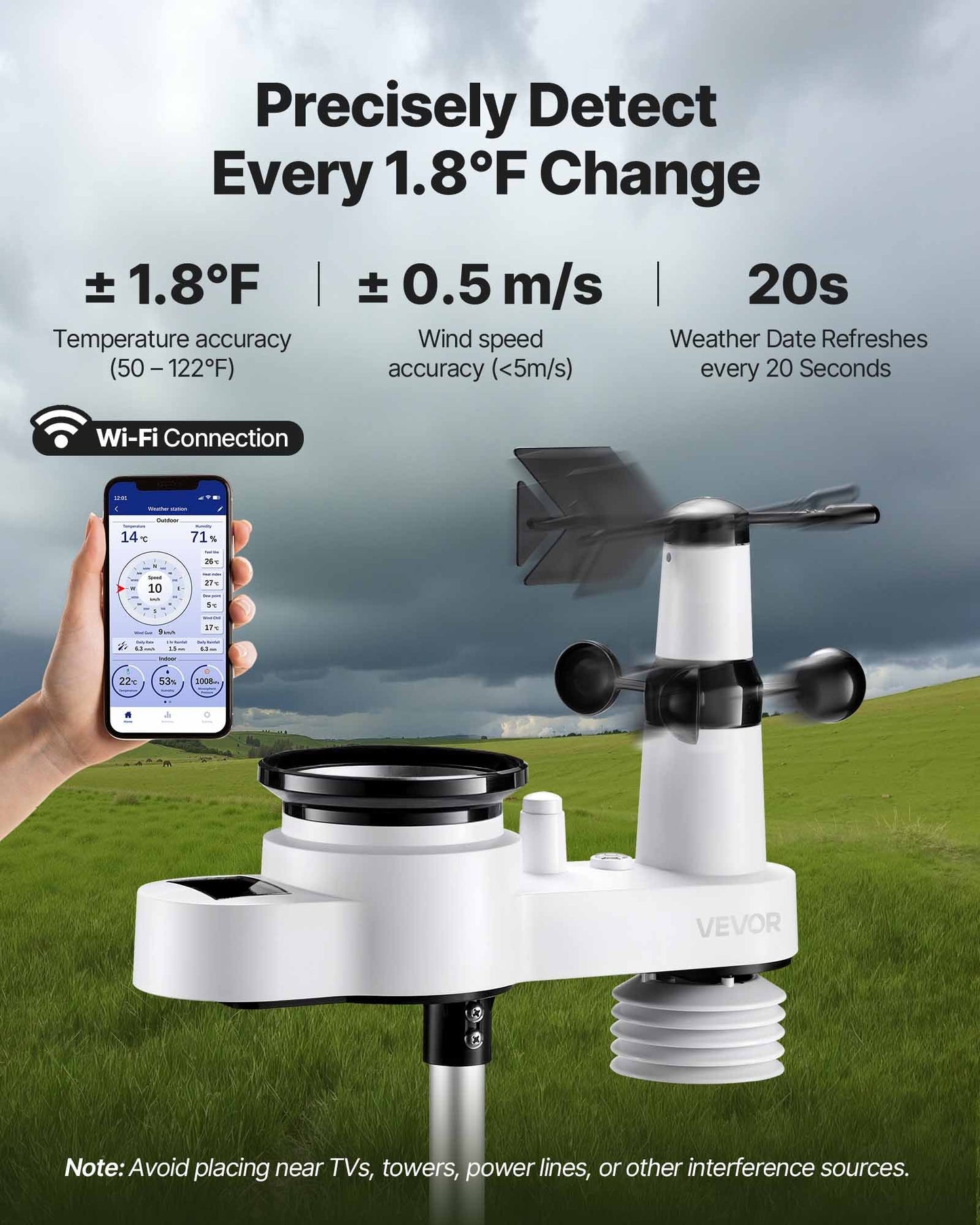 5-in-1 Wi-Fi Weather Station, 190.5 mm VA Display, Wireless Solar