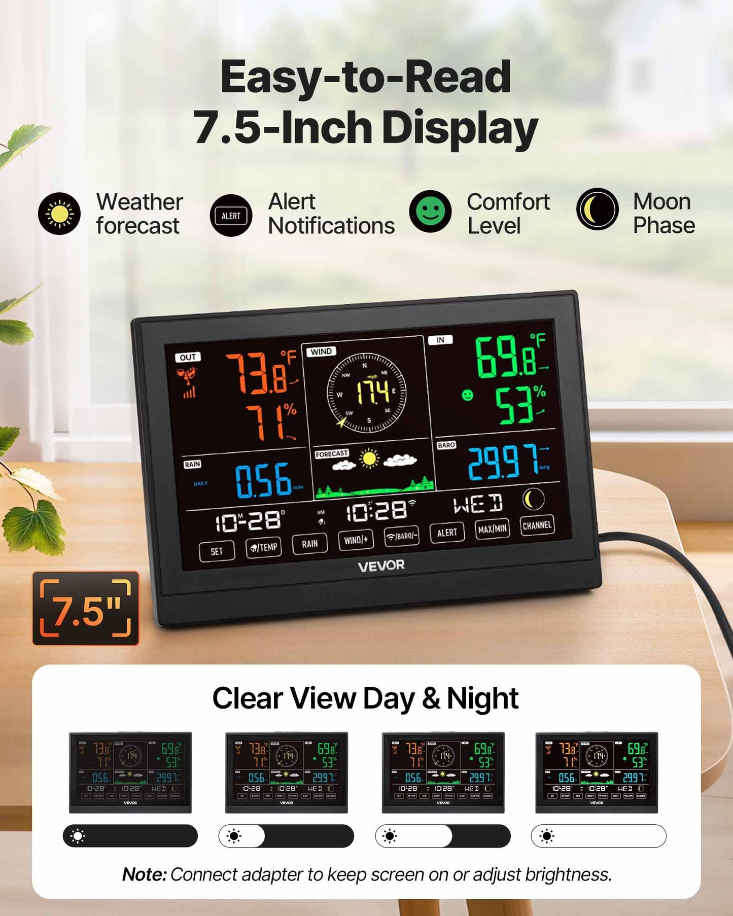 5-in-1 Wi-Fi Weather Station, 190.5 mm VA Display, Wireless Solar