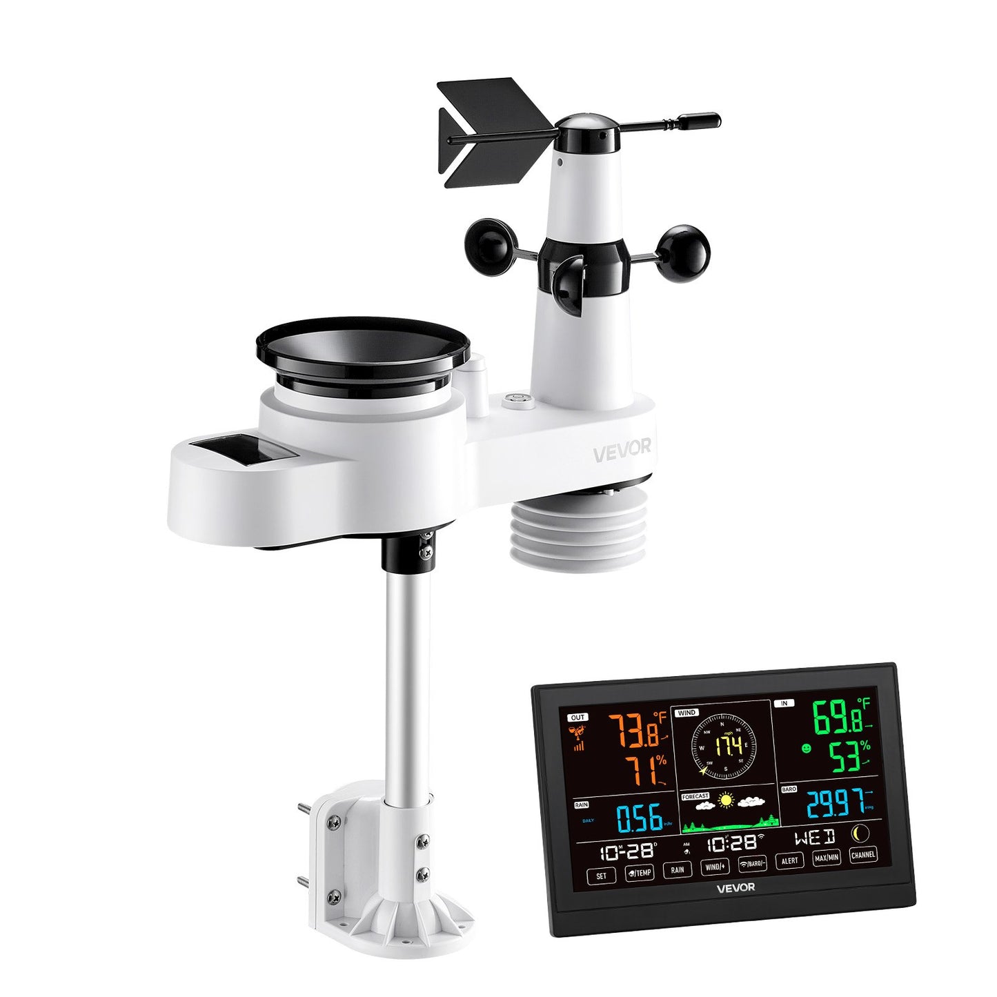 5-in-1 Wi-Fi Weather Station, 190.5 mm VA Display, Wireless Solar