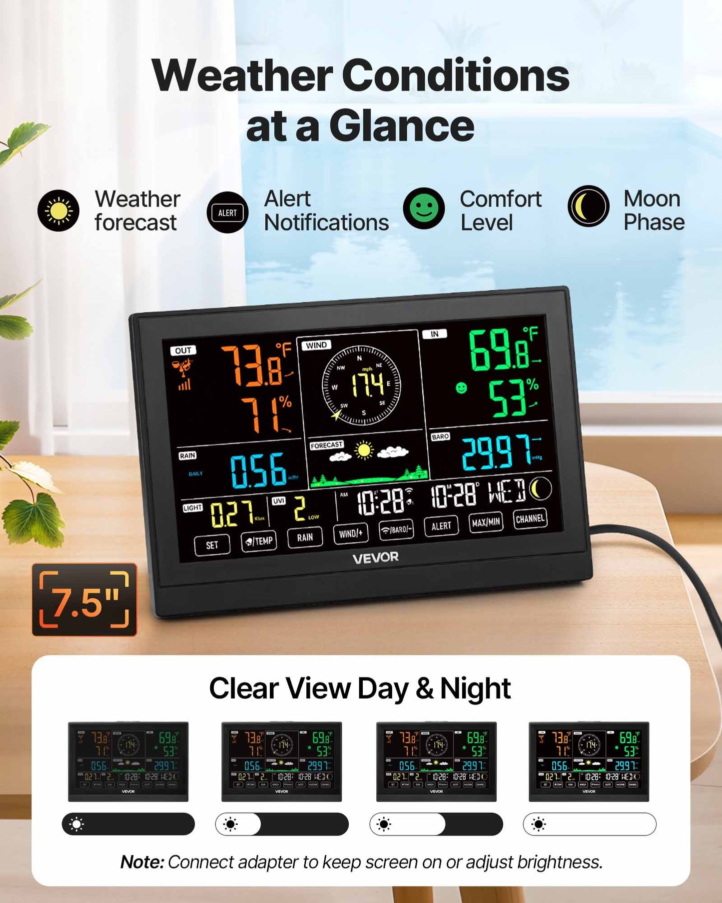 7-in-1 Wi-Fi Weather Station with APP, 190.5 mm Display, Wireless