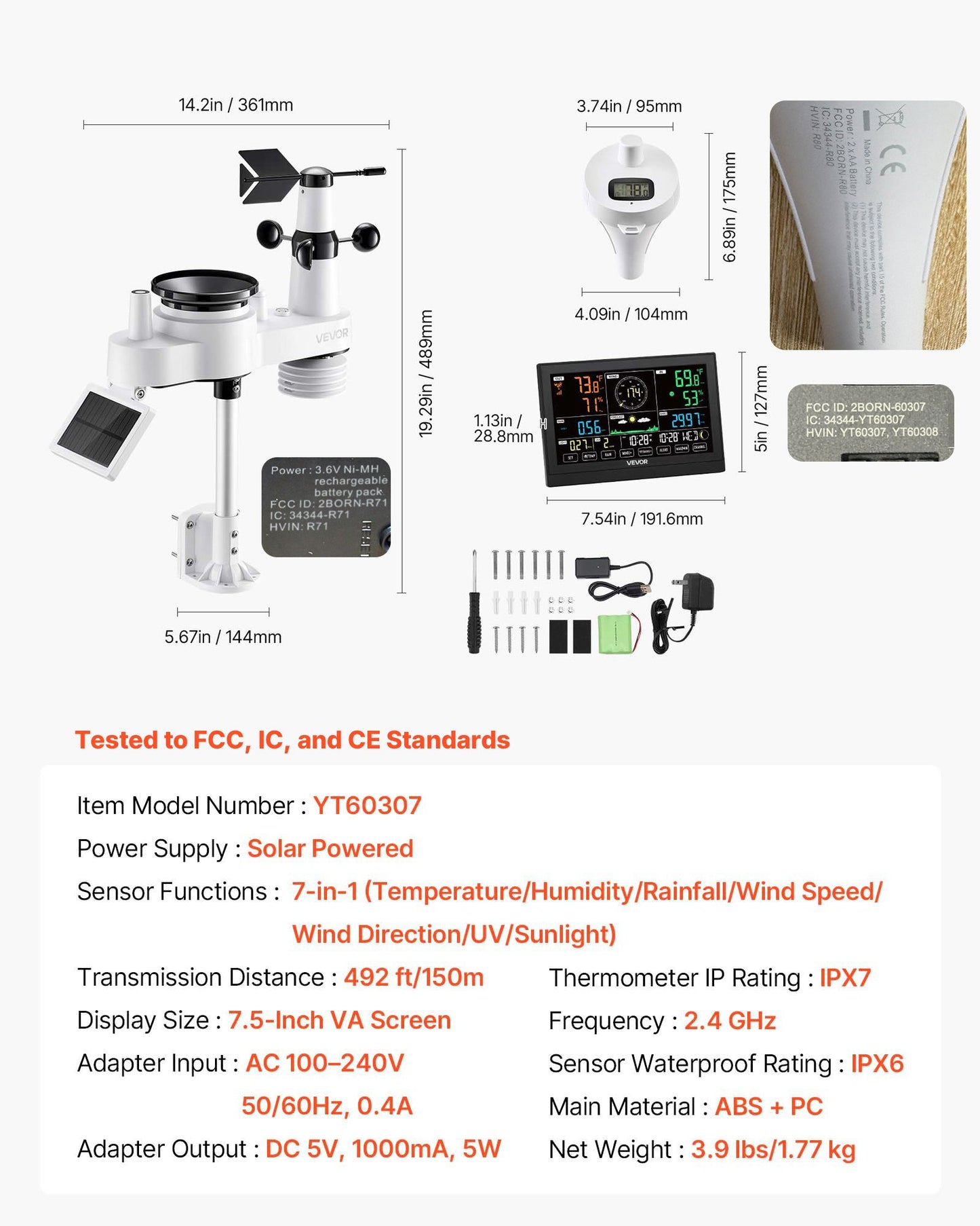 7-in-1 Wi-Fi Weather Station with APP, 190.5 mm Display, Wireless