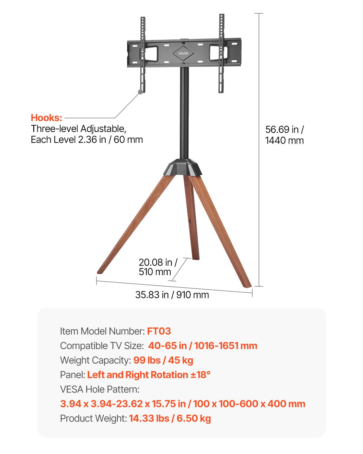 Tripod Easel TV Stand, for 40-65 inch Flat Screen/Curved TVs Up to 99